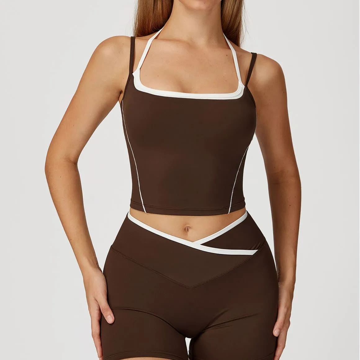 OmbreezyHalter Neck Yoga Tank with Layered Look Back