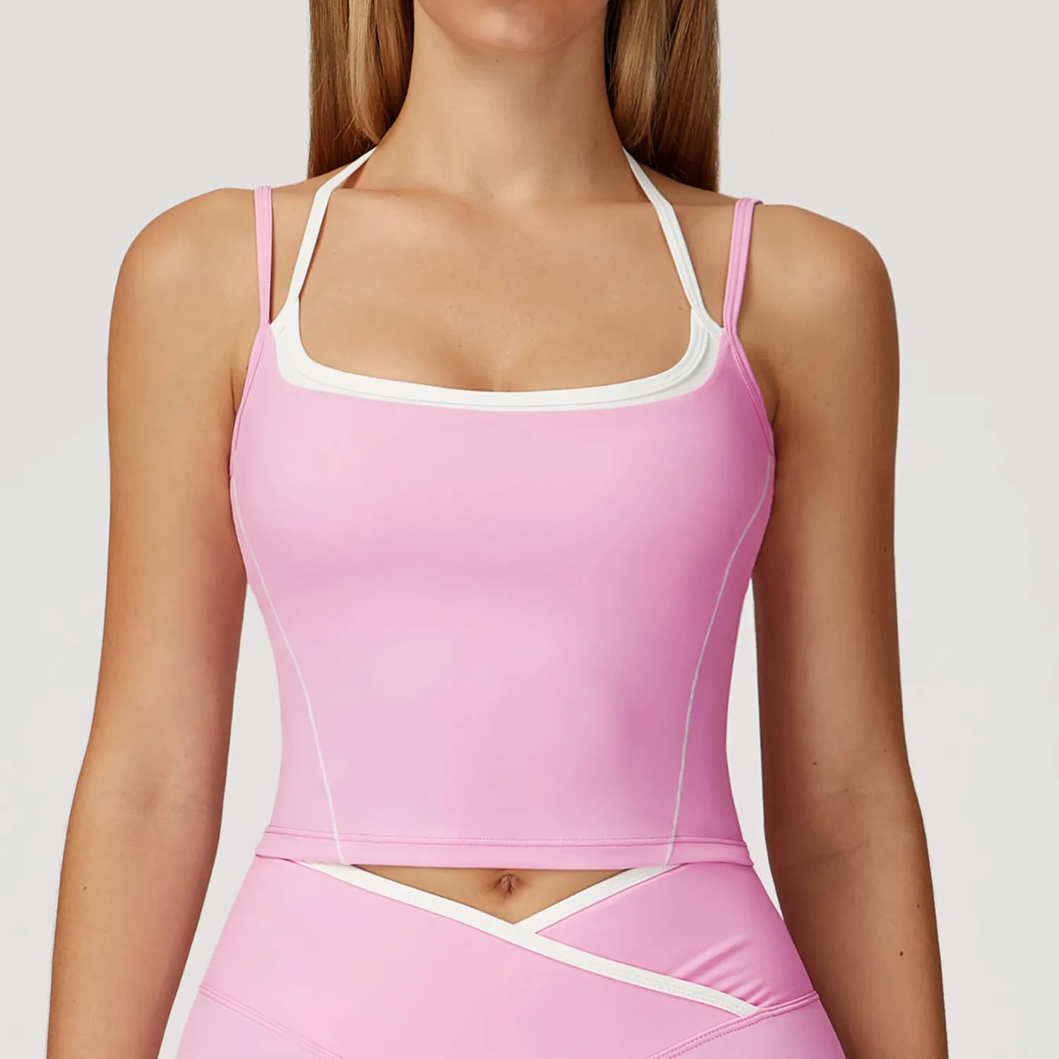 OmbreezyHalter Neck Yoga Tank with Layered Look Back