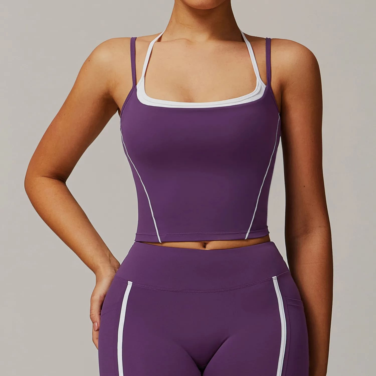OmbreezyHalter Neck Yoga Tank with Layered Look Back
