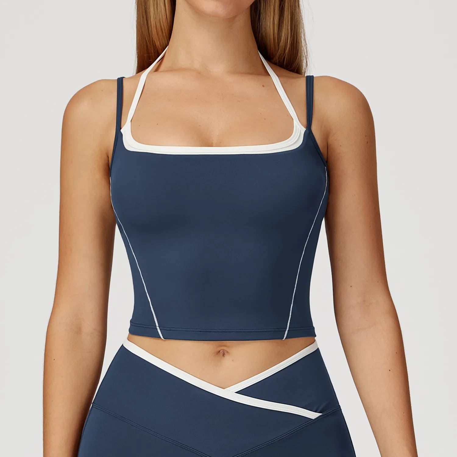 OmbreezyHalter Neck Yoga Tank with Layered Look Back