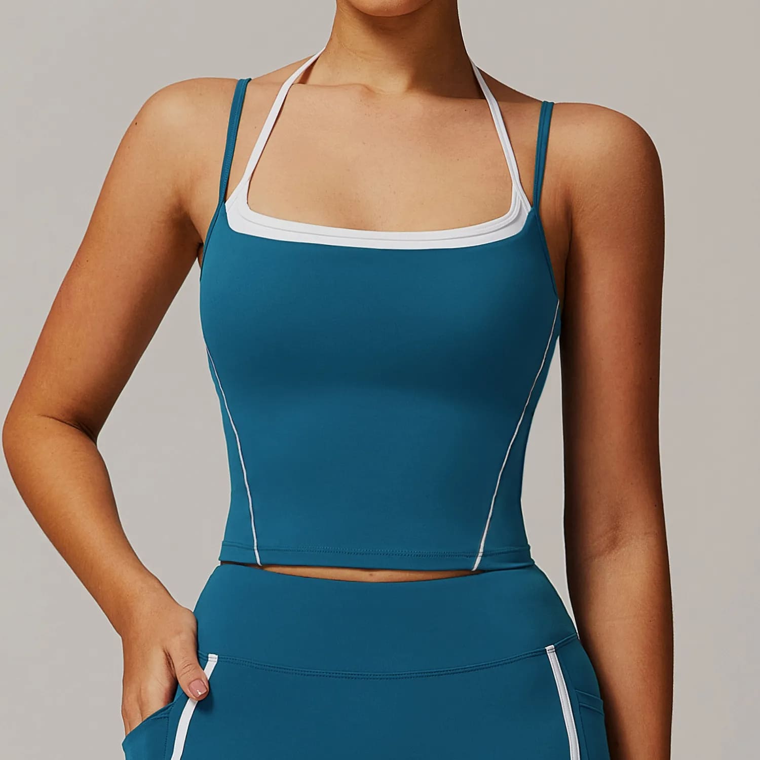 OmbreezyHalter Neck Yoga Tank with Layered Look Back
