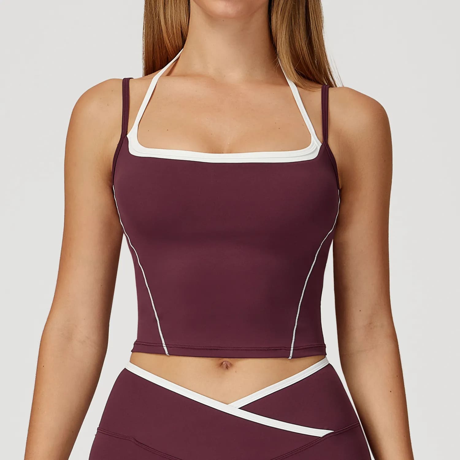 OmbreezyHalter Neck Yoga Tank with Layered Look Back