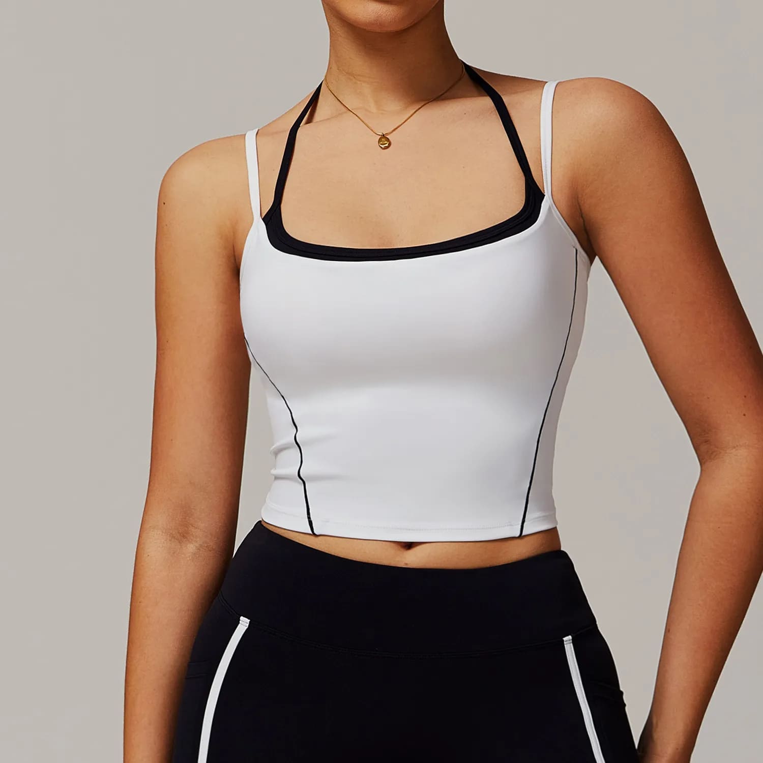 OmbreezyHalter Neck Yoga Tank with Layered Look Back