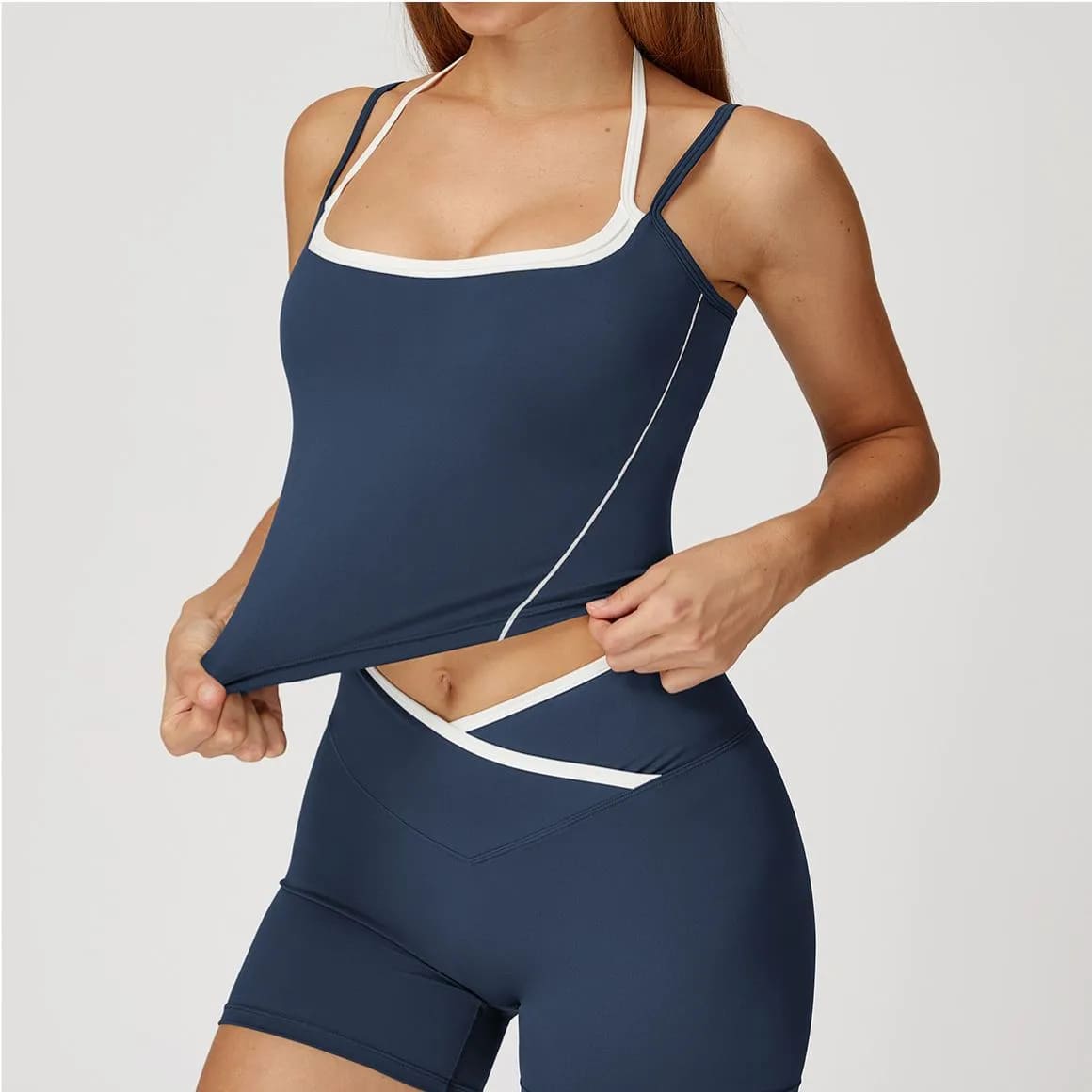 OmbreezyHalter Neck Yoga Tank with Layered Look Back