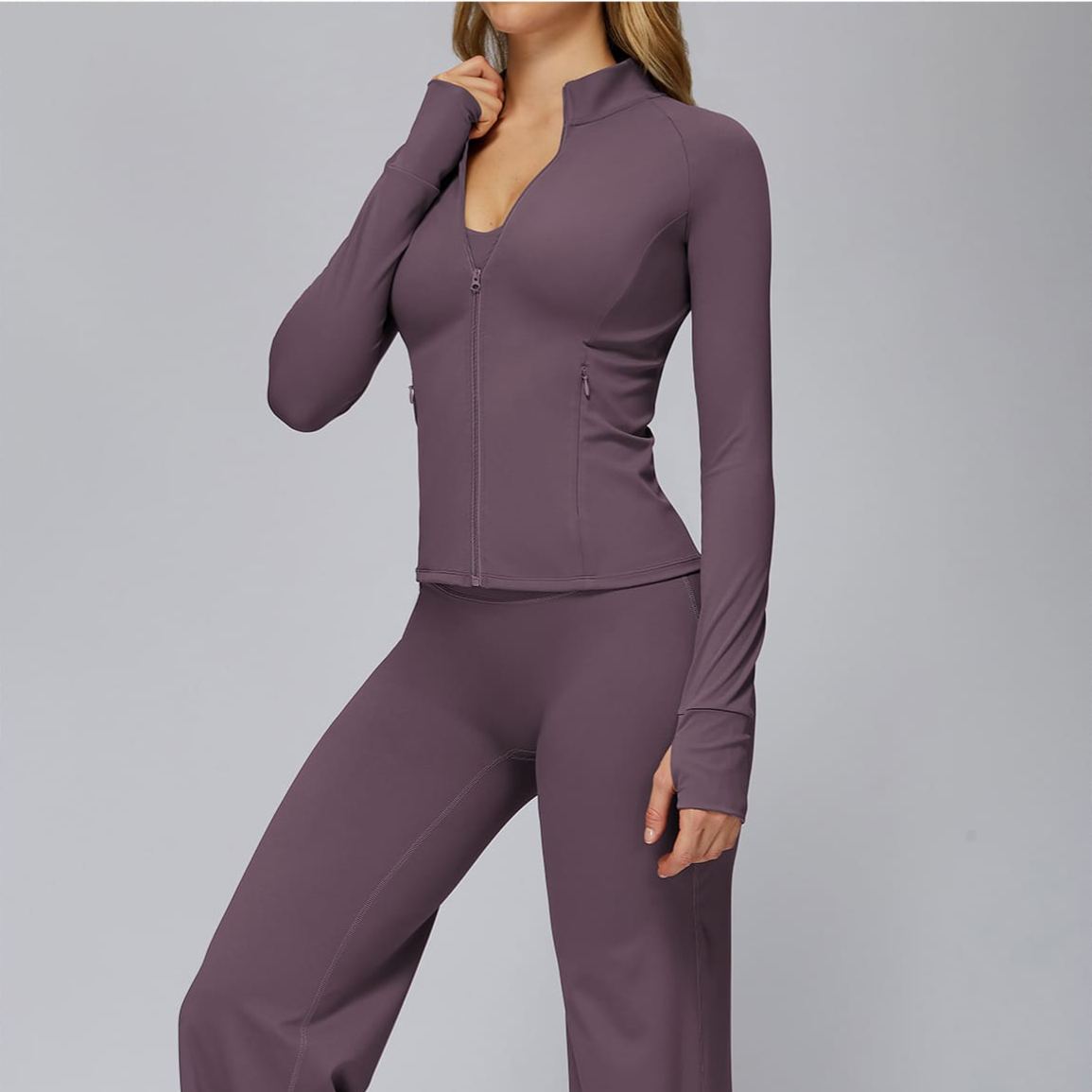 Brushed Long-Sleeve Zip-Pocket Fitted Top