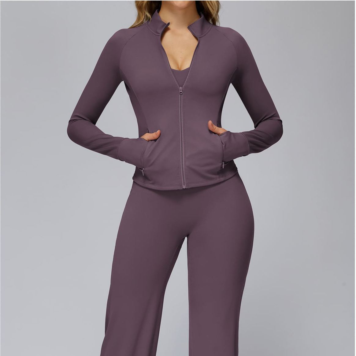 Brushed Long-Sleeve Zip-Pocket Fitted Top