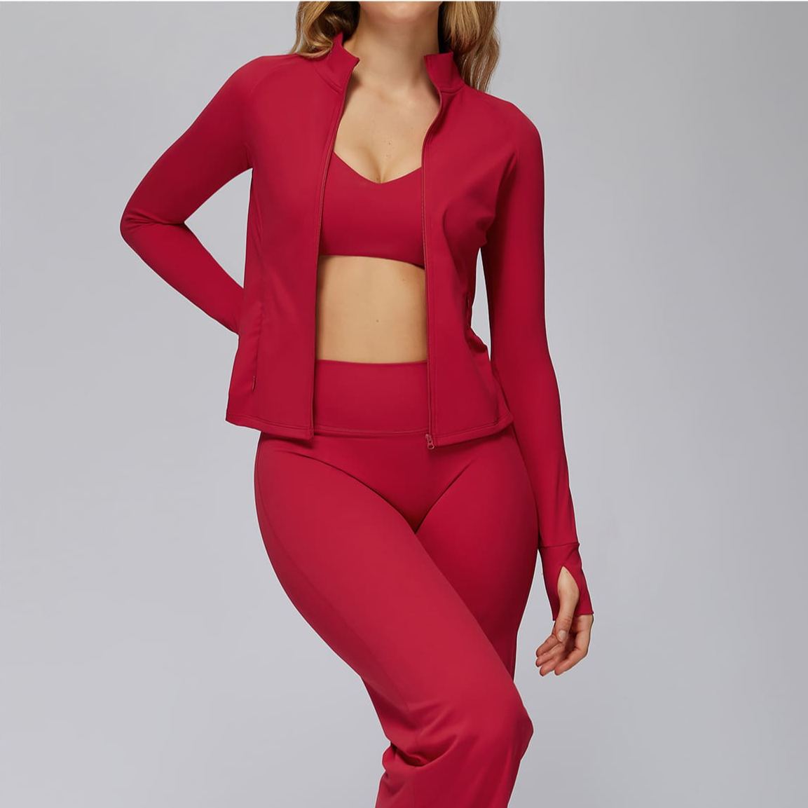 Brushed Long-Sleeve Zip-Pocket Fitted Top