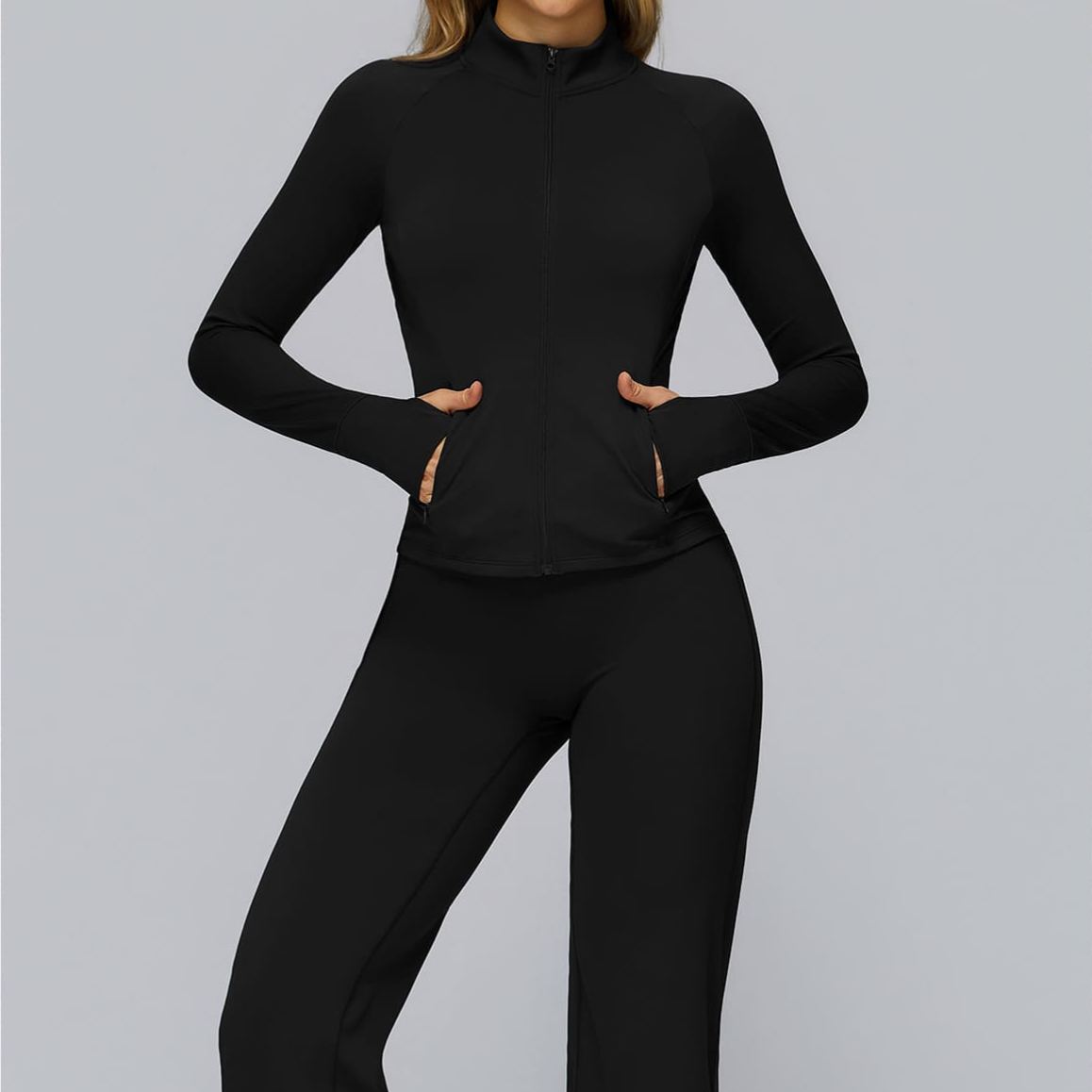 Brushed Long-Sleeve Zip-Pocket Fitted Top