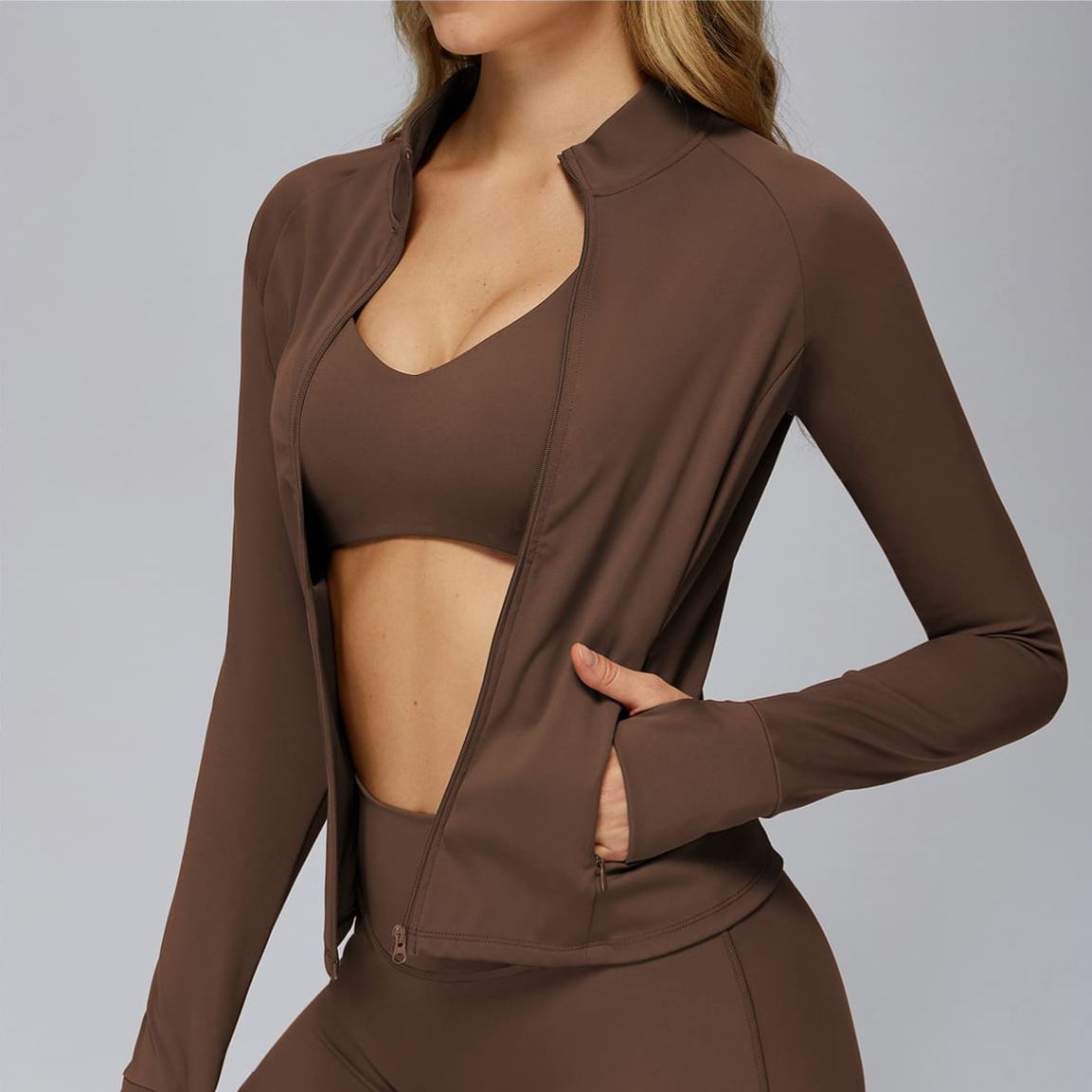 Brushed Long-Sleeve Zip-Pocket Fitted Top