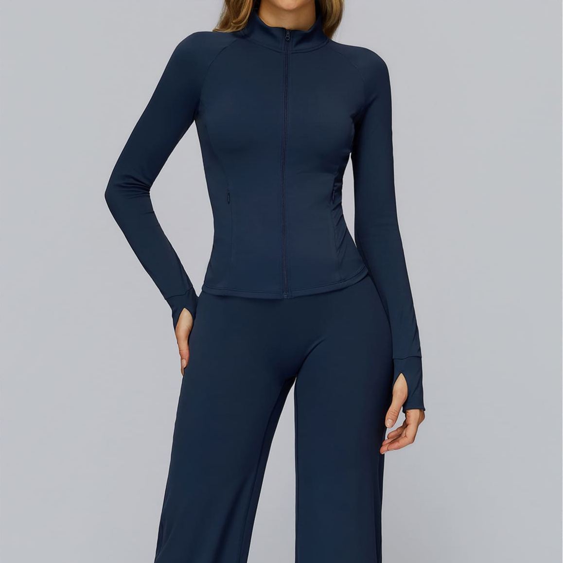 Brushed Long-Sleeve Zip-Pocket Fitted Top