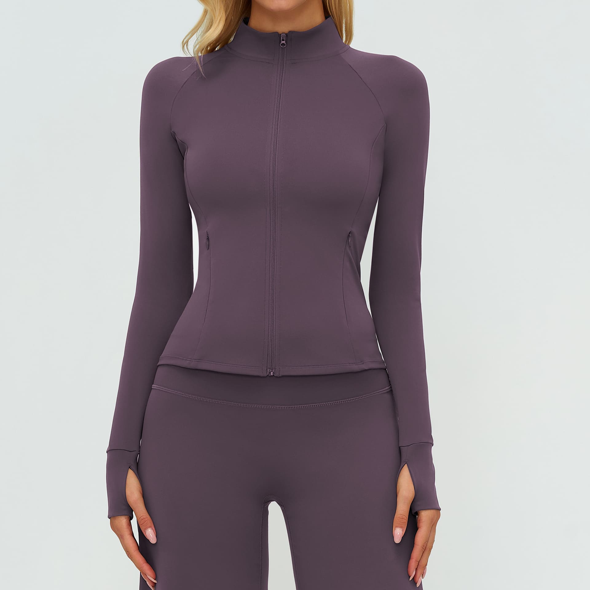 Ombreezy Brushed Long-Sleeve Zip-Pocket Fitted Top