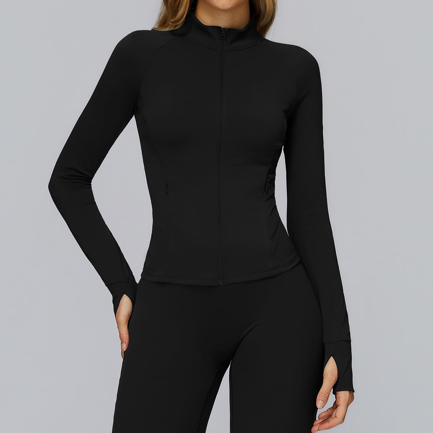 Ombreezy Brushed Long-Sleeve Zip-Pocket Fitted Top