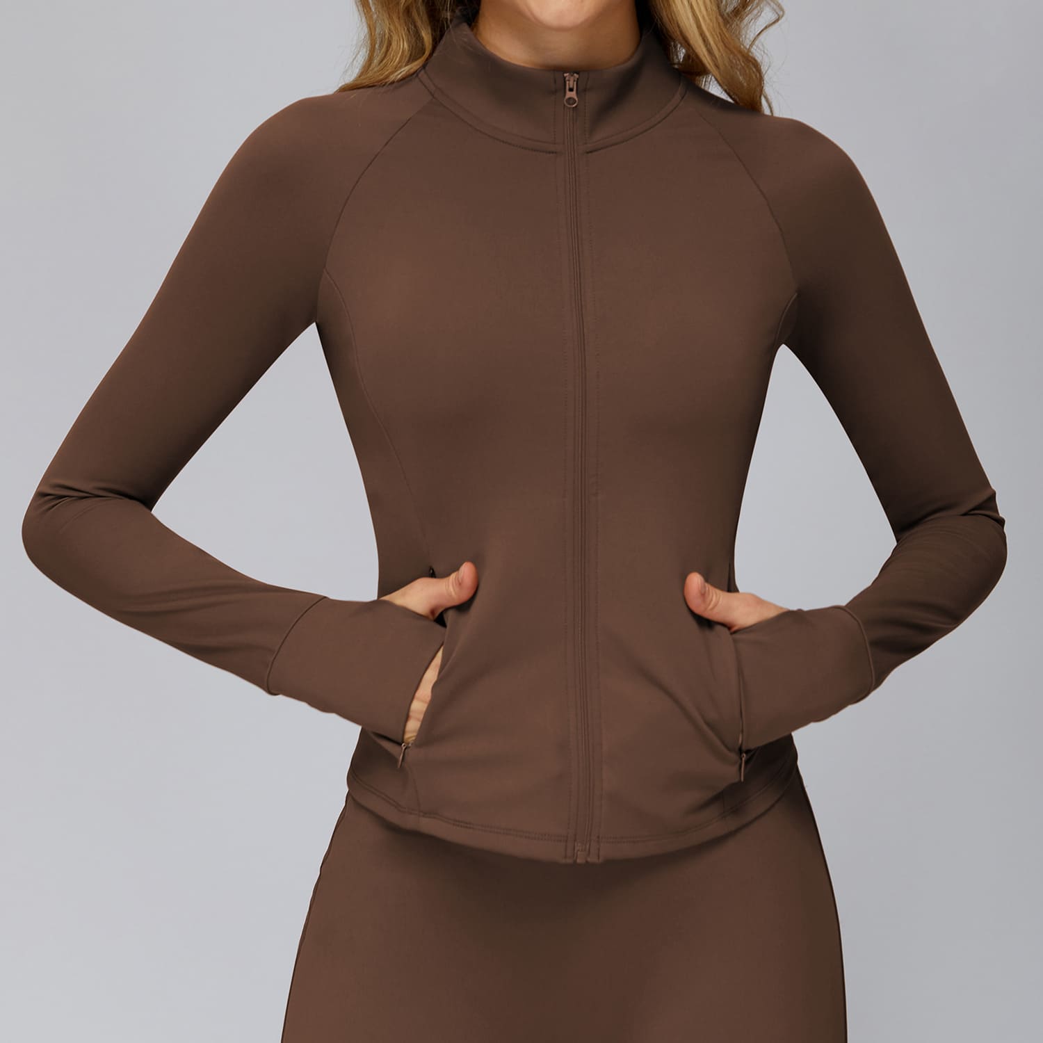 Ombreezy Brushed Long-Sleeve Zip-Pocket Fitted Top