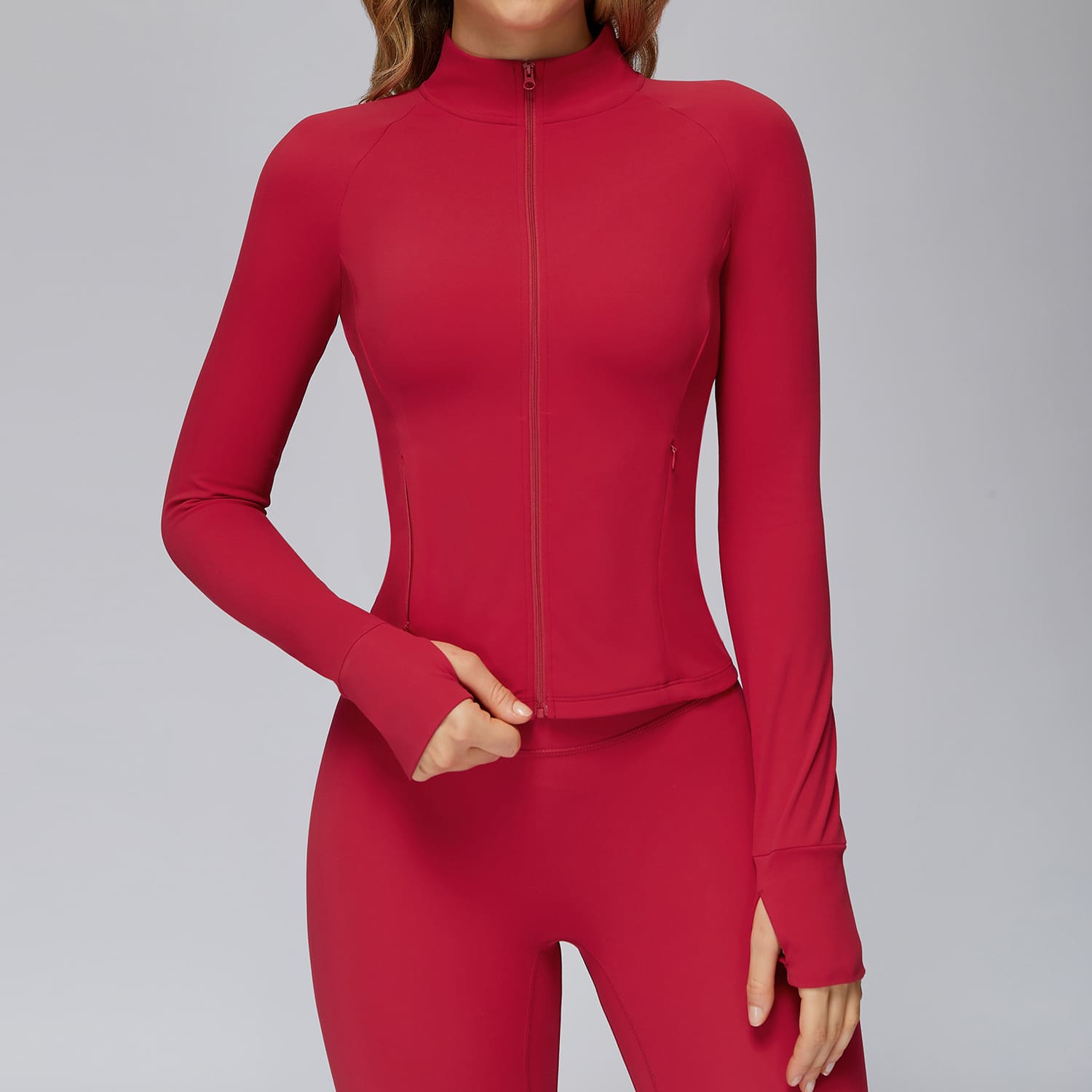 Ombreezy Brushed Long-Sleeve Zip-Pocket Fitted Top