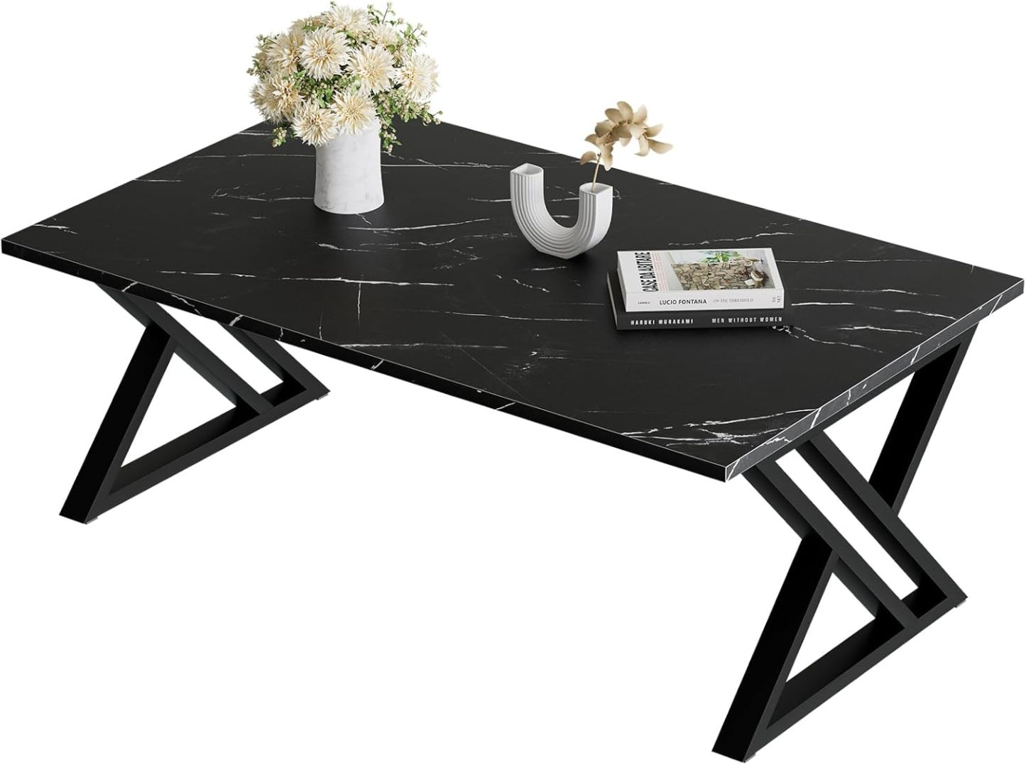 Coffee Table Living Room Table White Center Table, Simple Modern Faux Marble Rectangular Tea Tables with Sturdy Gold Metal Frame,Industrial Wooden Coffee Table for Bedroom Home Office