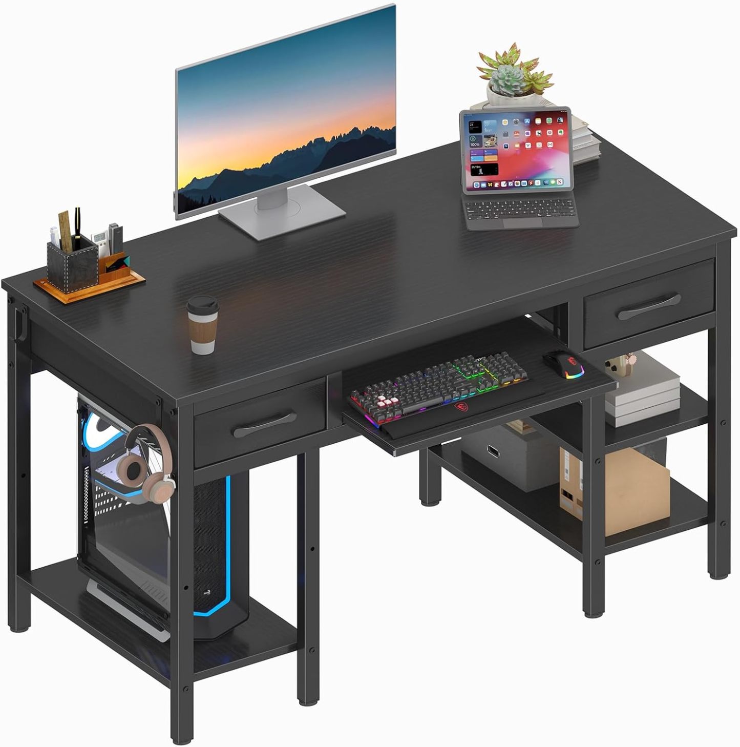 Fnaha White Desk with Keyboard Tray Slide Out, 47 Inch Home Office Com