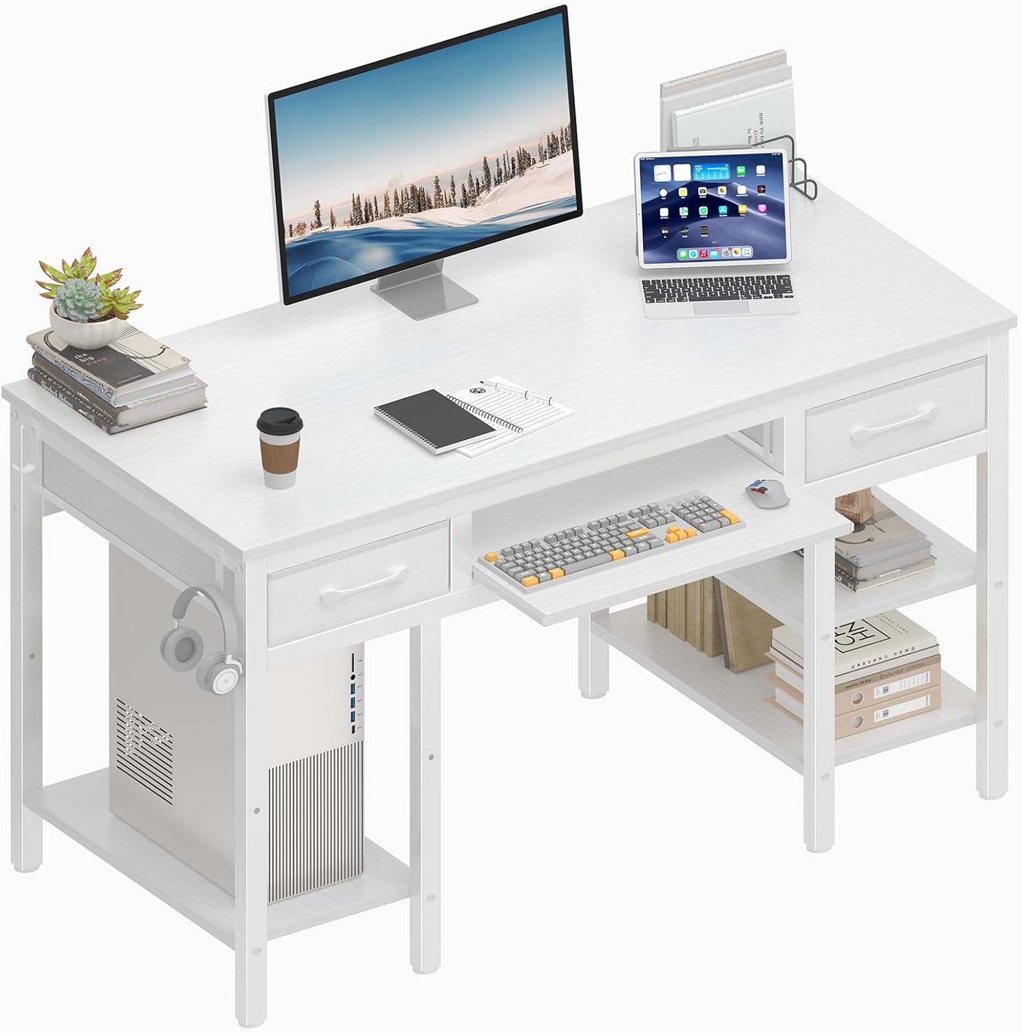 Fnaha White Desk with Keyboard Tray Slide Out, 47 Inch Home Office Computer Desks