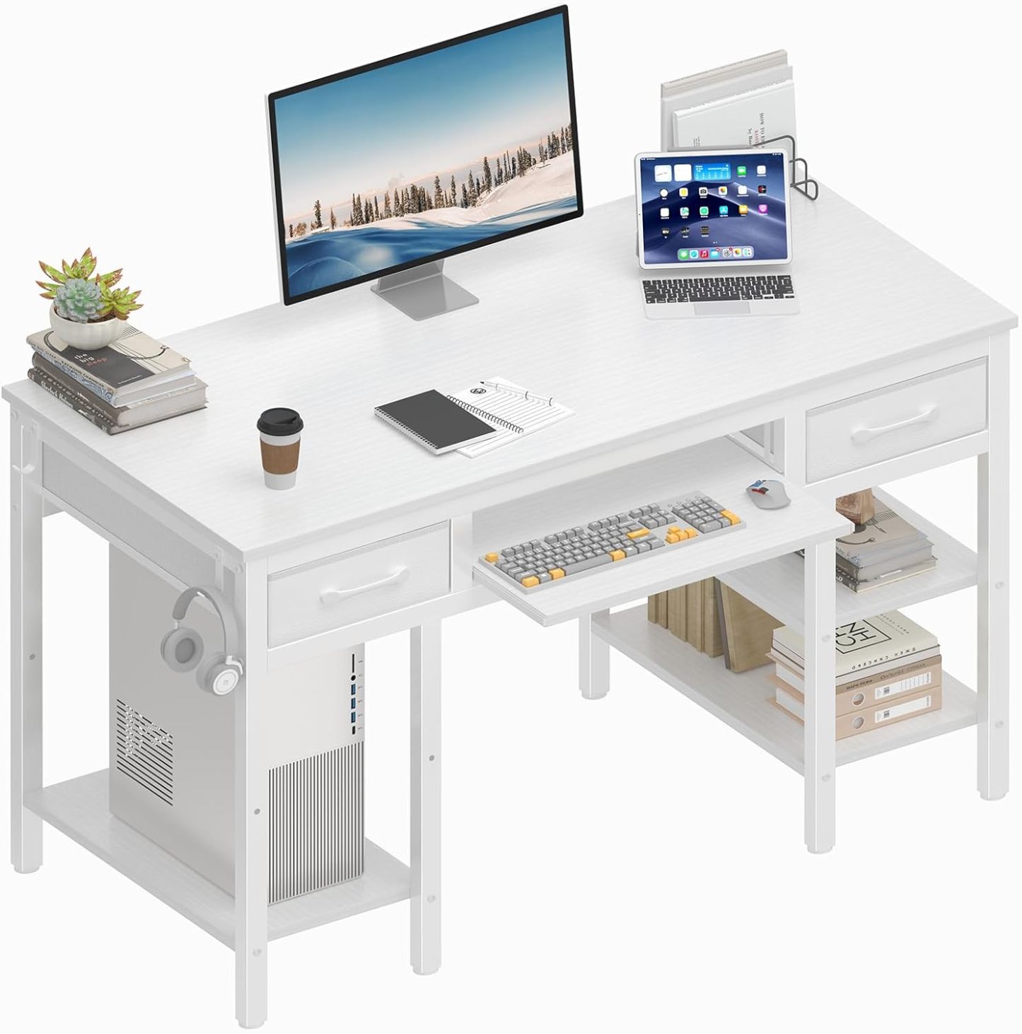 Fnaha White Desk with Keyboard Tray Slide Out, 47 Inch Home Office Computer Desks