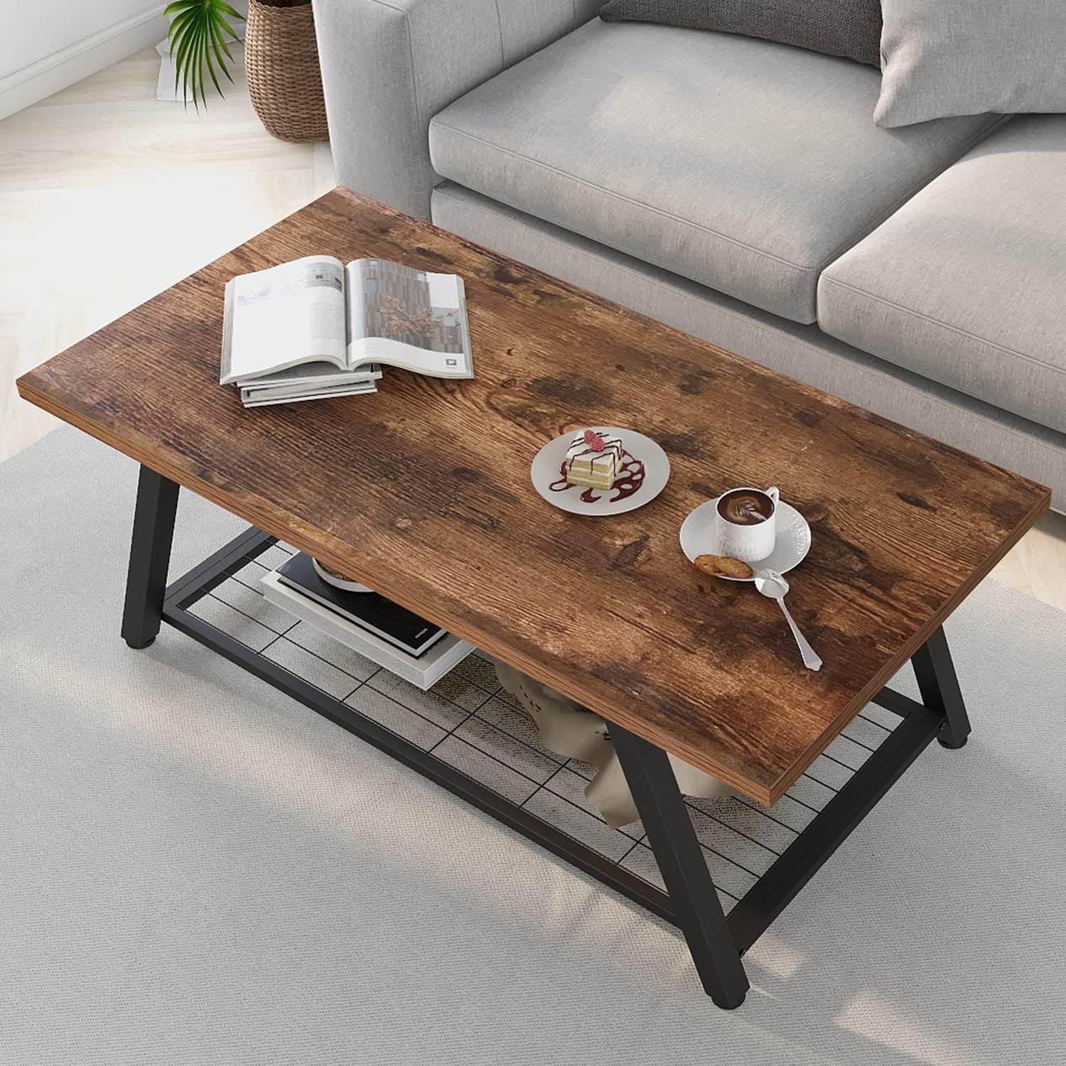  Fnaha  2-Tier Industrial Coffee Table Mnimalist Vintage Farmhouse Wooden and Metal Living Room Coffee Table