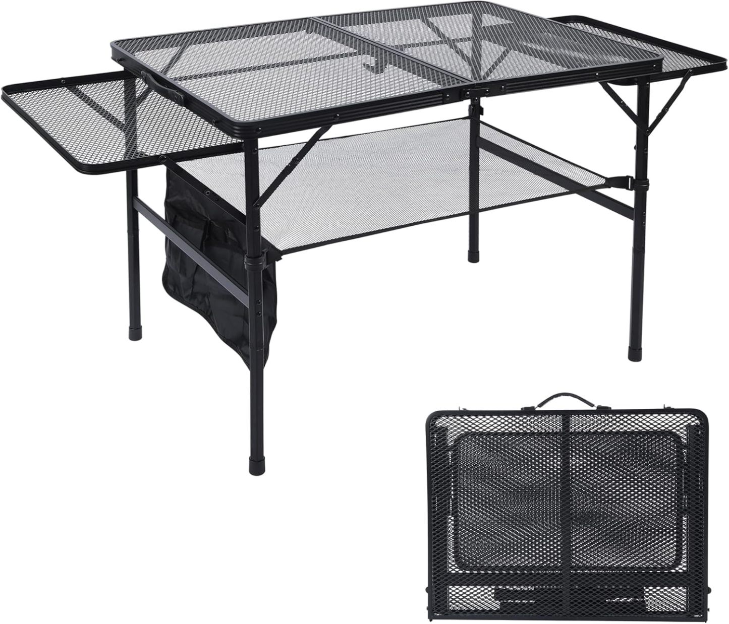 Folding Grill Table, 4x2 FT Portable Camping Table, Lightweight Height Adjustable Metal Tables with Mesh Desktop and Mesh Bag, Outdoor Tables for Camping, Picnic, Beach and BBQ, Black
