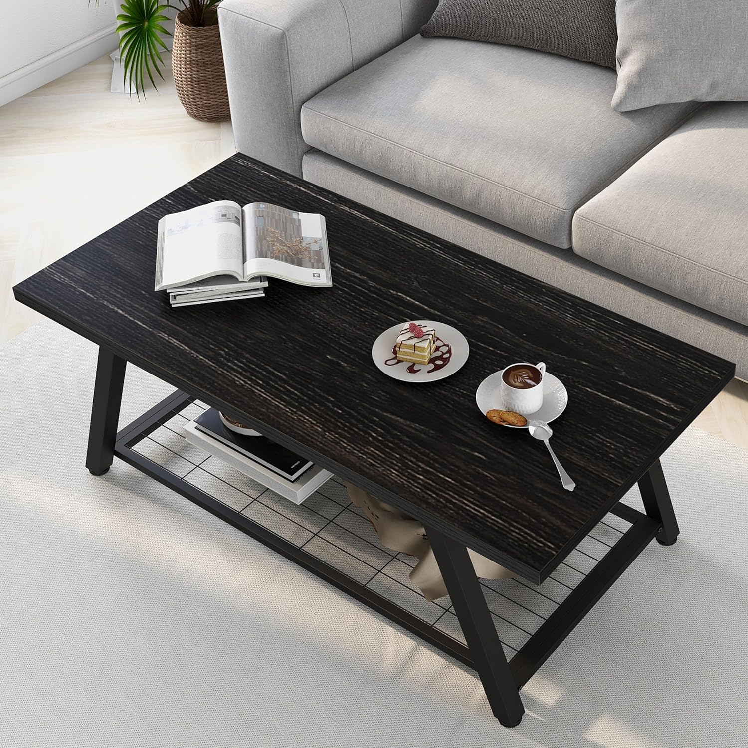  Fnaha  2-Tier Industrial Coffee Table Mnimalist Vintage Farmhouse Wooden and Metal Living Room Coffee Table
