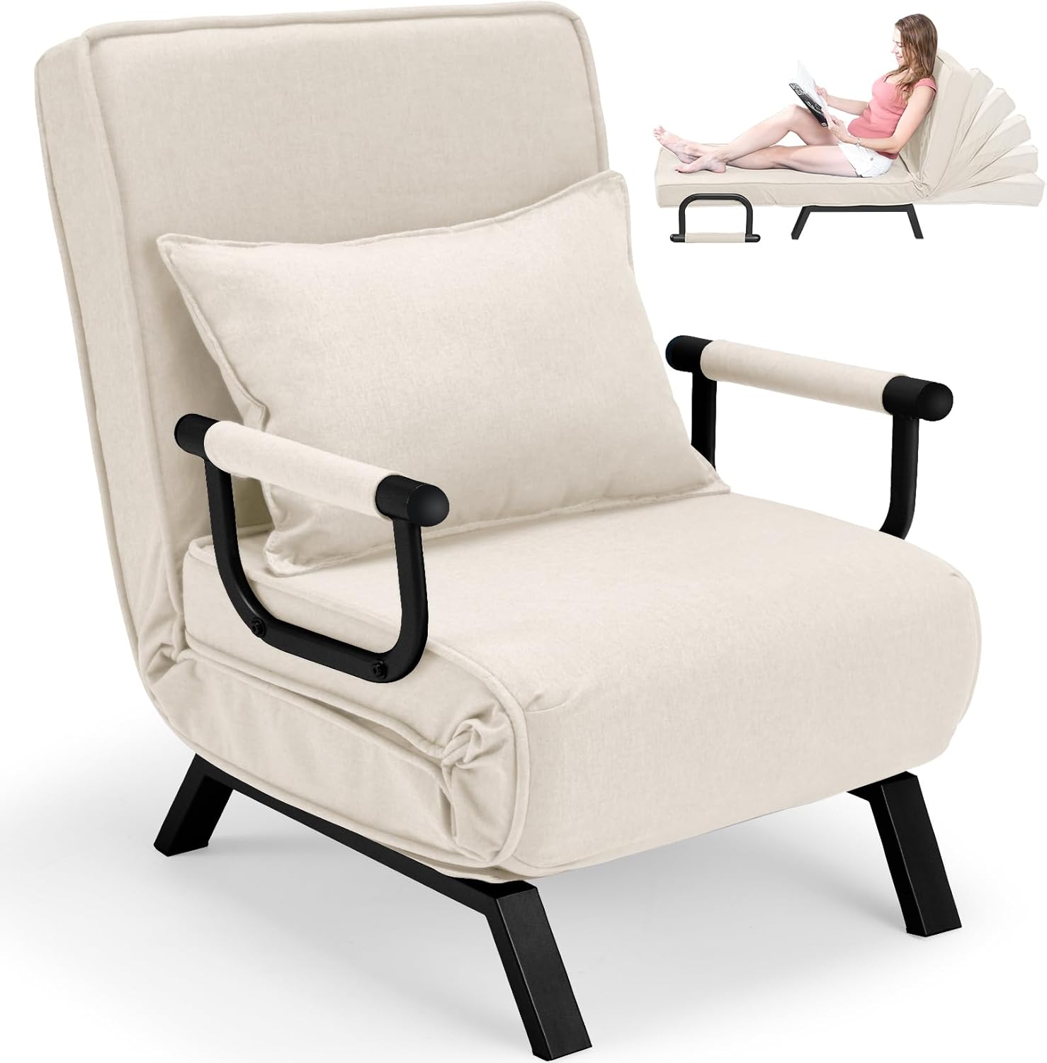 Convertible Bed Sleeper Chair Chaise Lounge 6 Adjustable Positions Folding Sofa Recliner
