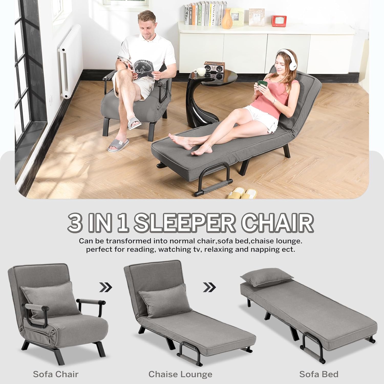Convertible Bed Sleeper Chair Chaise Lounge 6 Adjustable Positions Folding Sofa Recliner