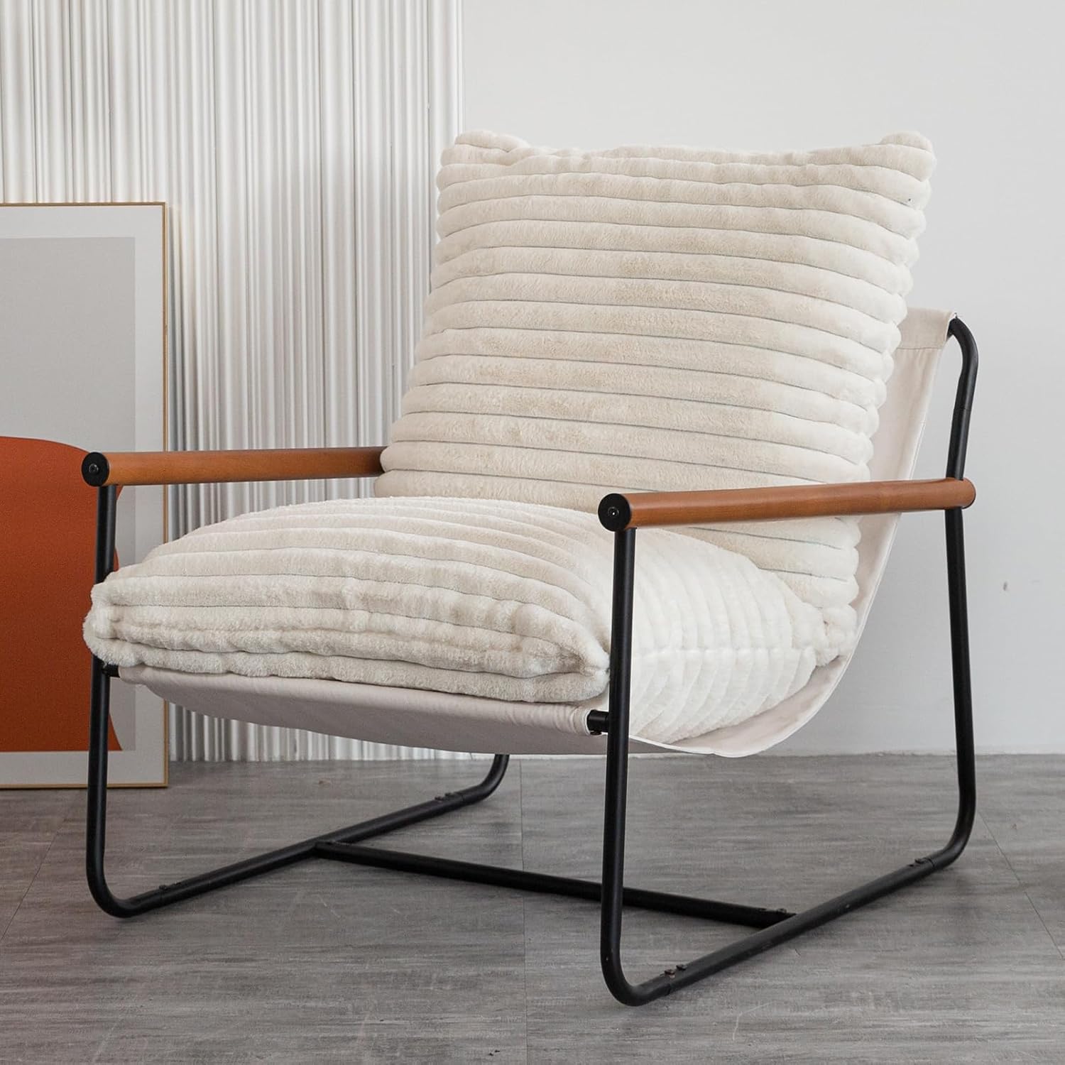 Chair Arm Chair Modern Boucle Reading Wooden Arms Metal Frame
