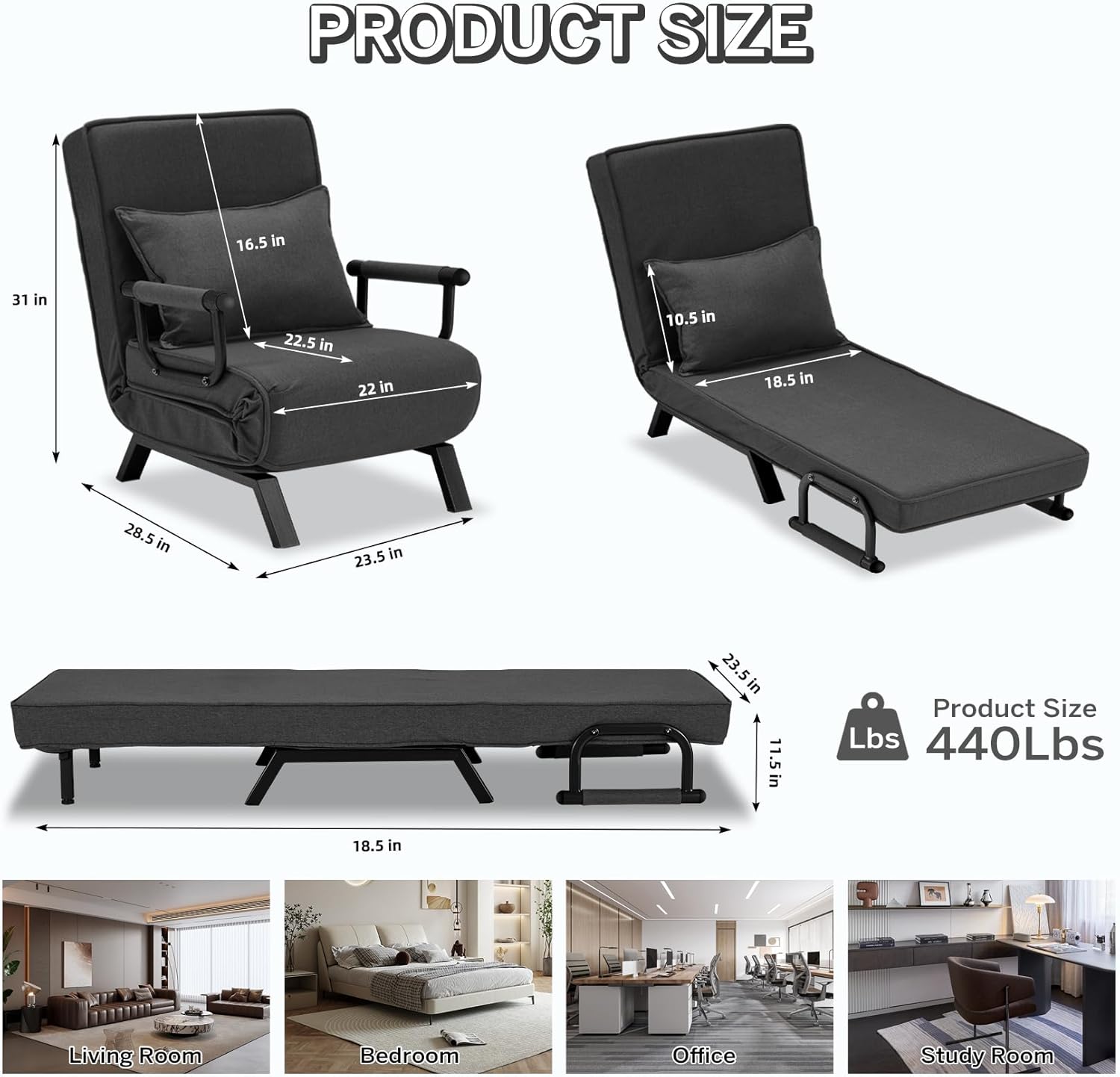 Convertible Bed Sleeper Chair Chaise Lounge 6 Adjustable Positions Folding Sofa Recliner