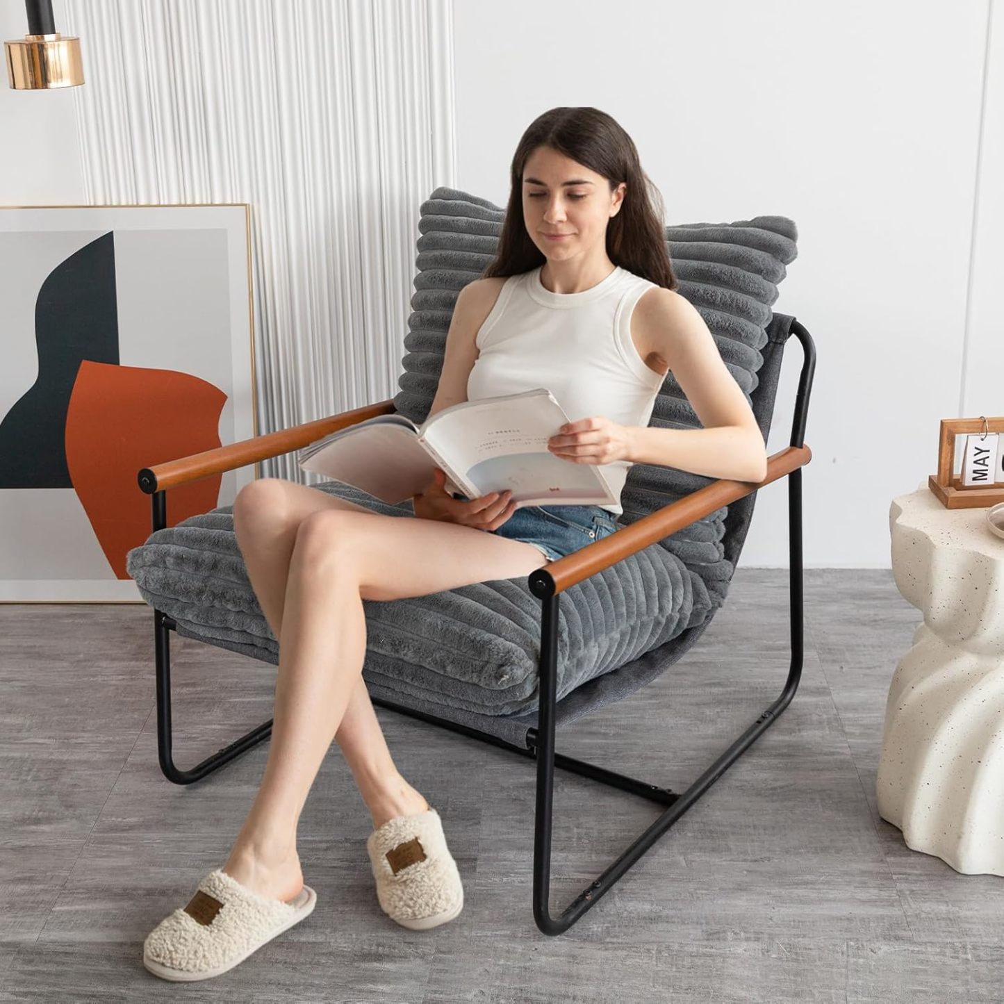 Chair Arm Chair Modern Boucle Reading Wooden Arms Metal Frame