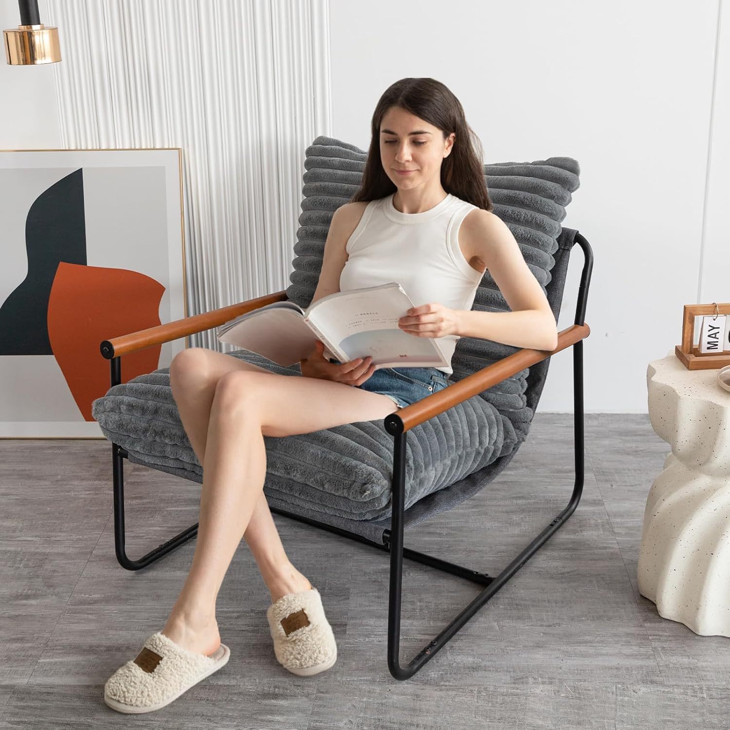 Chair Arm Chair Modern Boucle Reading Wooden Arms Metal Frame