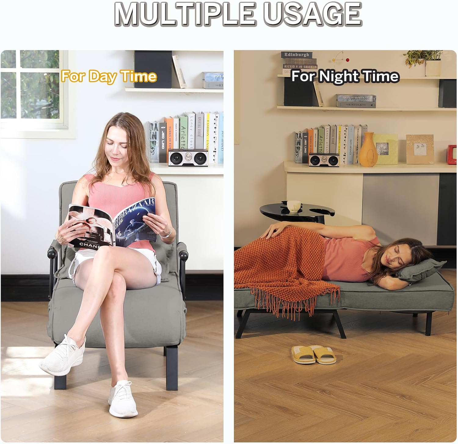 Convertible Bed Sleeper Chair Chaise Lounge 6 Adjustable Positions Folding Sofa Recliner