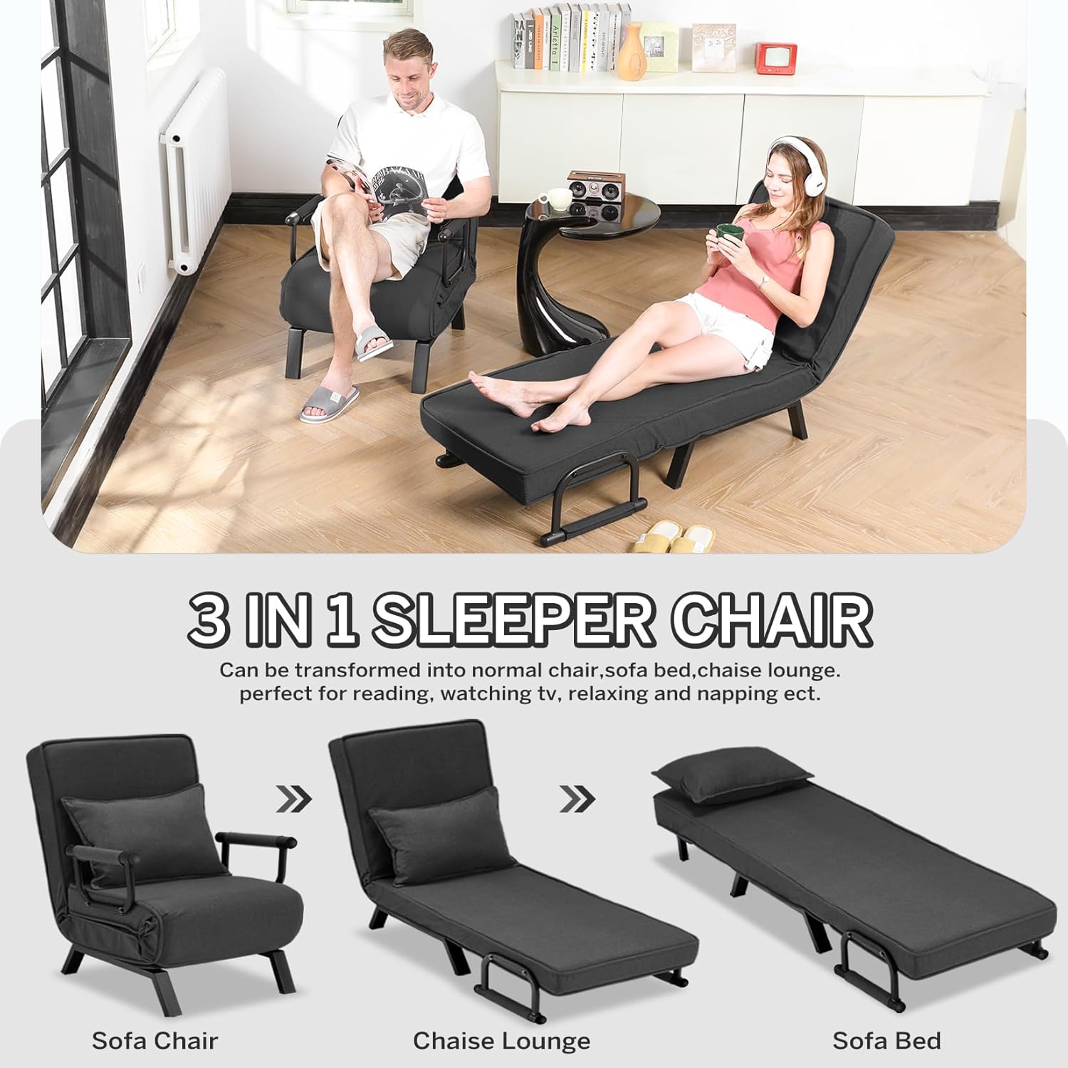 Convertible Bed Sleeper Chair Chaise Lounge 6 Adjustable Positions Folding Sofa Recliner
