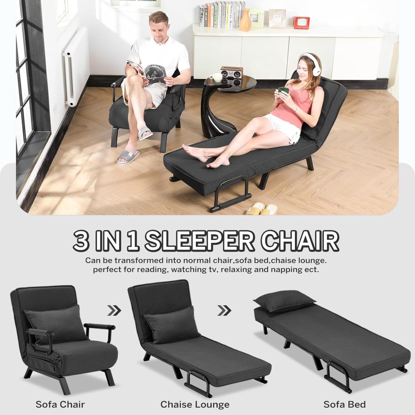 Convertible Bed Sleeper Chair Chaise Lounge 6 Adjustable Positions Folding Sofa Recliner