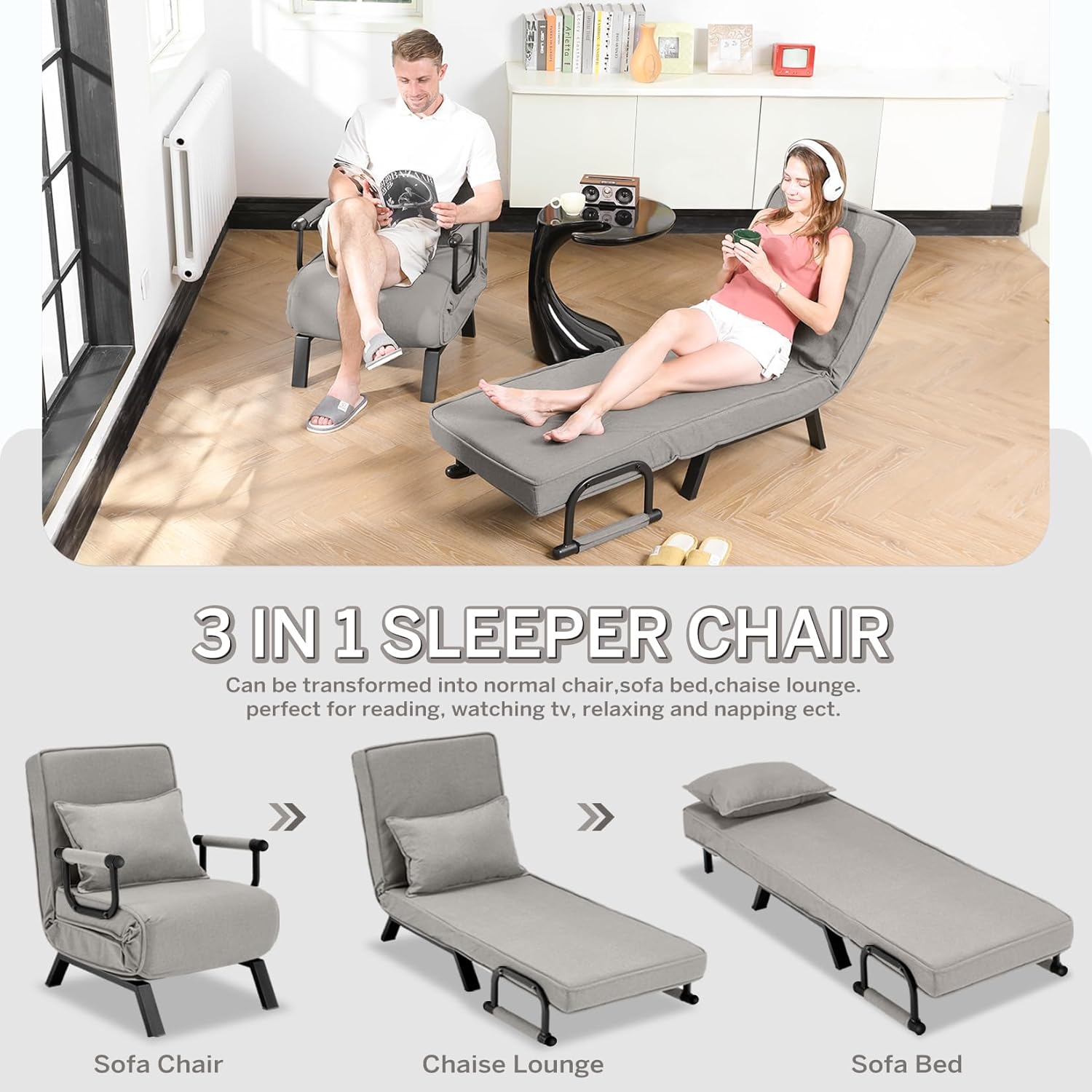 Convertible Bed Sleeper Chair Chaise Lounge 6 Adjustable Positions Folding Sofa Recliner