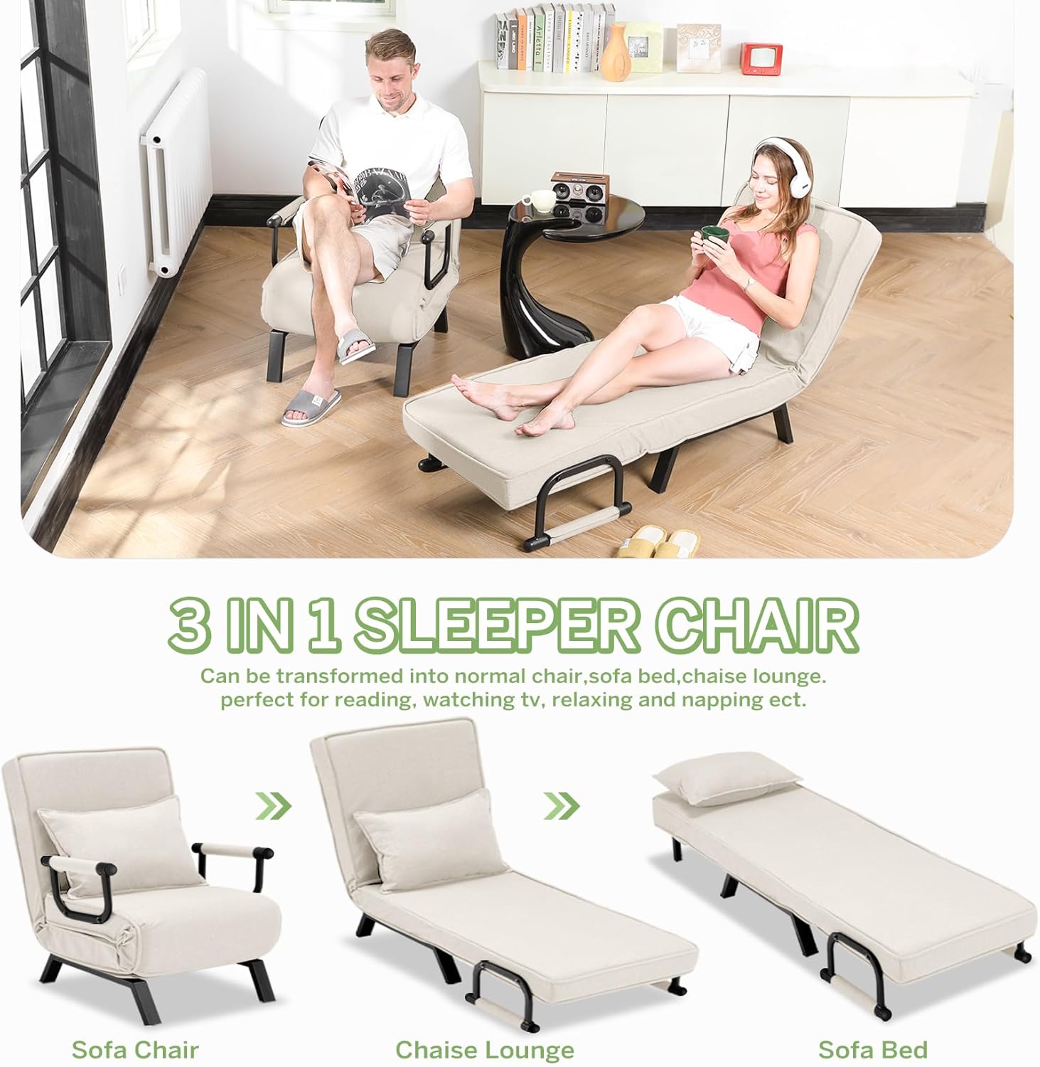 Convertible Bed Sleeper Chair Chaise Lounge 6 Adjustable Positions Folding Sofa Recliner