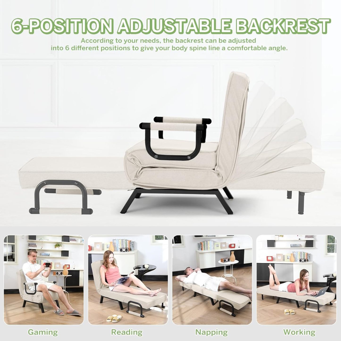 Convertible Bed Sleeper Chair Chaise Lounge 6 Adjustable Positions Folding Sofa Recliner