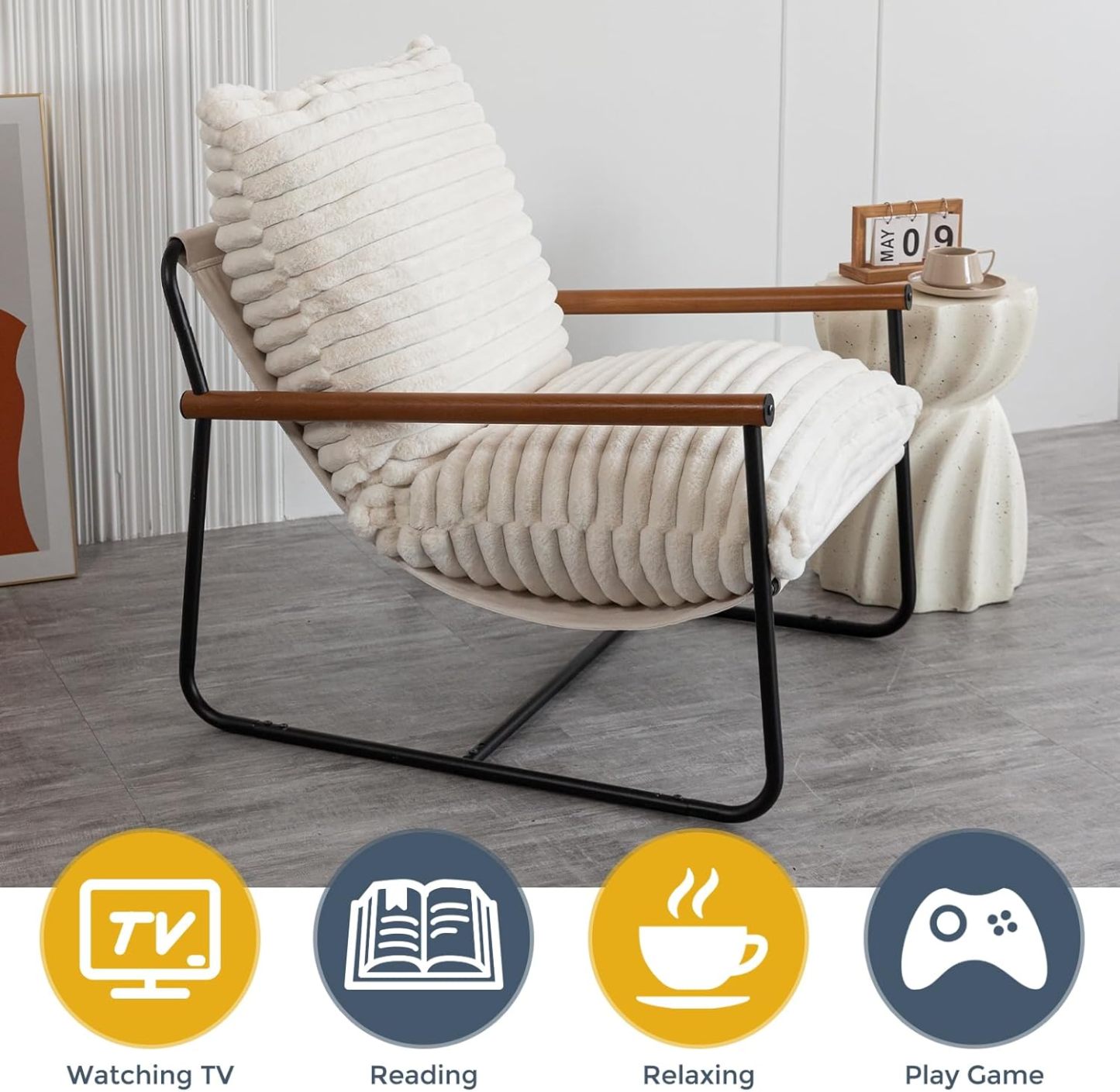 Chair Arm Chair Modern Boucle Reading Wooden Arms Metal Frame