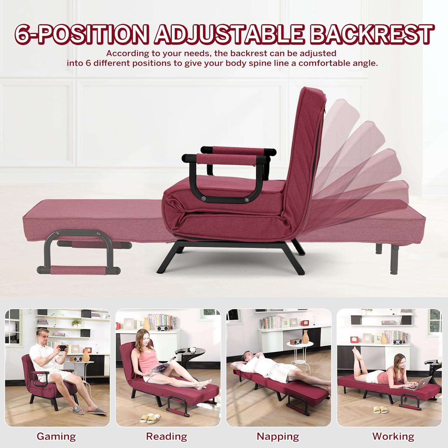 Convertible Bed Sleeper Chair Chaise Lounge 6 Adjustable Positions Folding Sofa Recliner