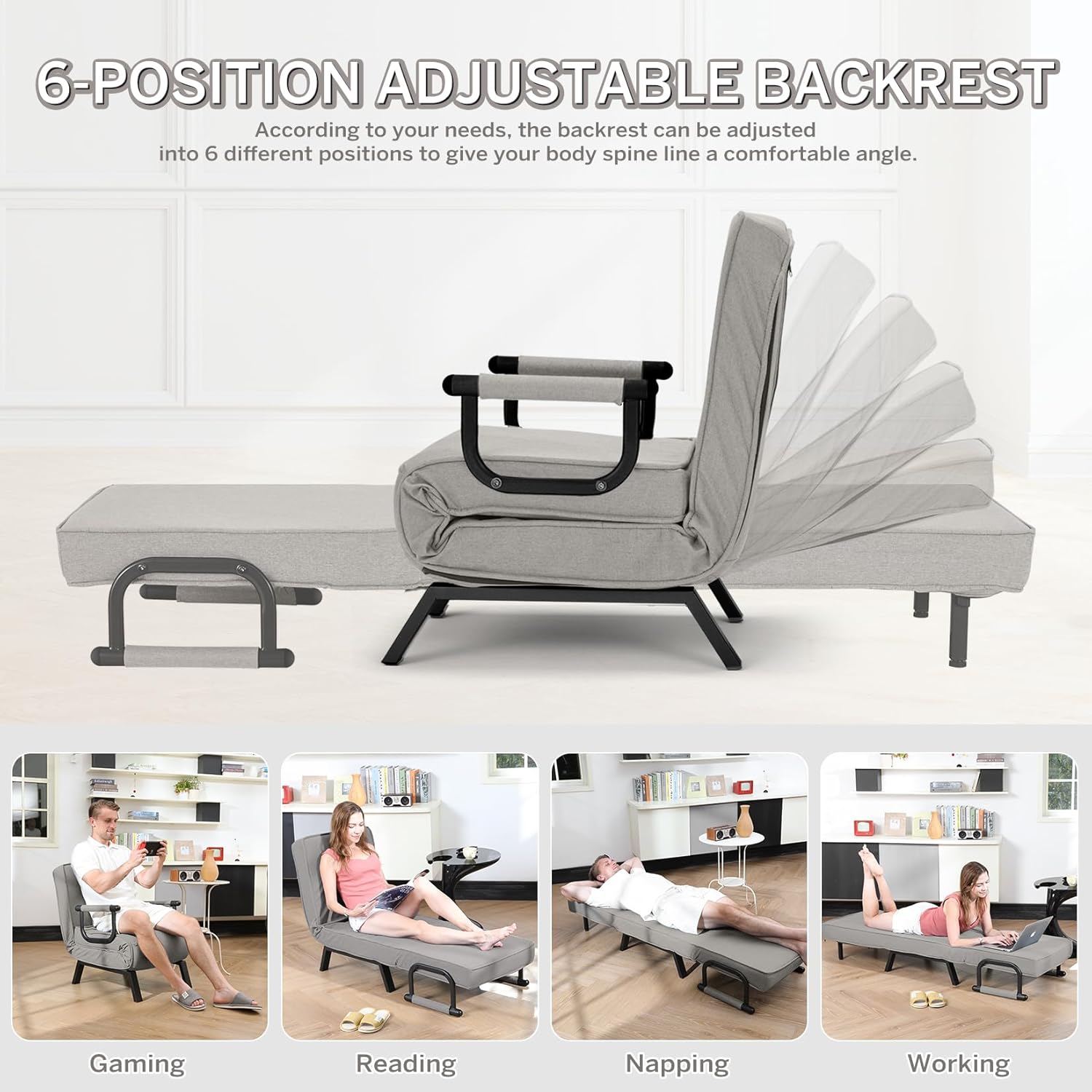 Convertible Bed Sleeper Chair Chaise Lounge 6 Adjustable Positions Folding Sofa Recliner