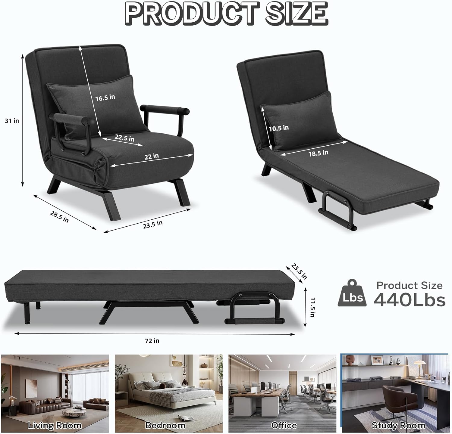 Convertible Bed Sleeper Chair Chaise Lounge 6 Adjustable Positions Folding Sofa Recliner