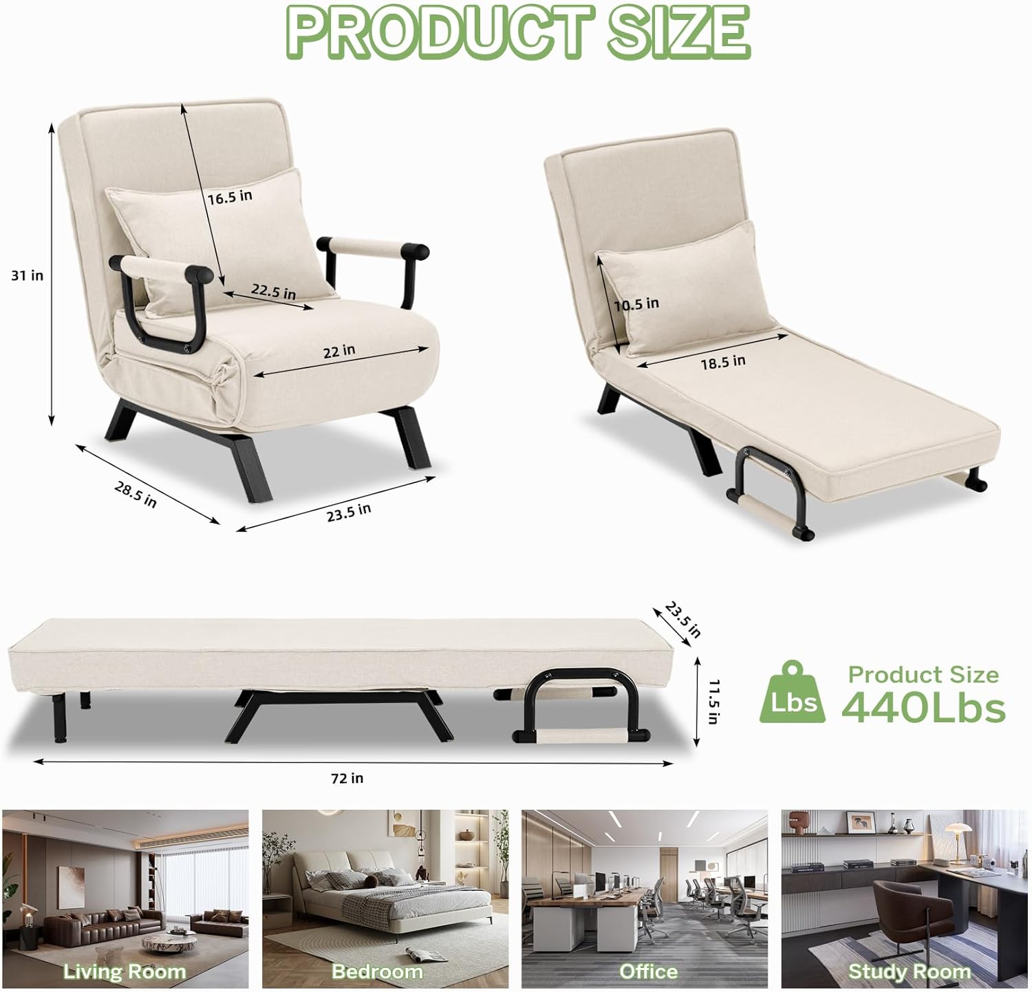 Convertible Bed Sleeper Chair Chaise Lounge 6 Adjustable Positions Folding Sofa Recliner