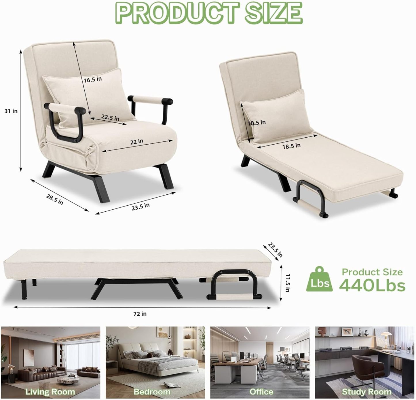 Convertible Bed Sleeper Chair Chaise Lounge 6 Adjustable Positions Folding Sofa Recliner