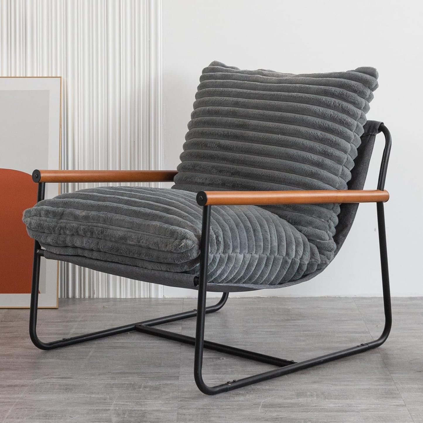 Chair Arm Chair Modern Boucle Reading Wooden Arms Metal Frame