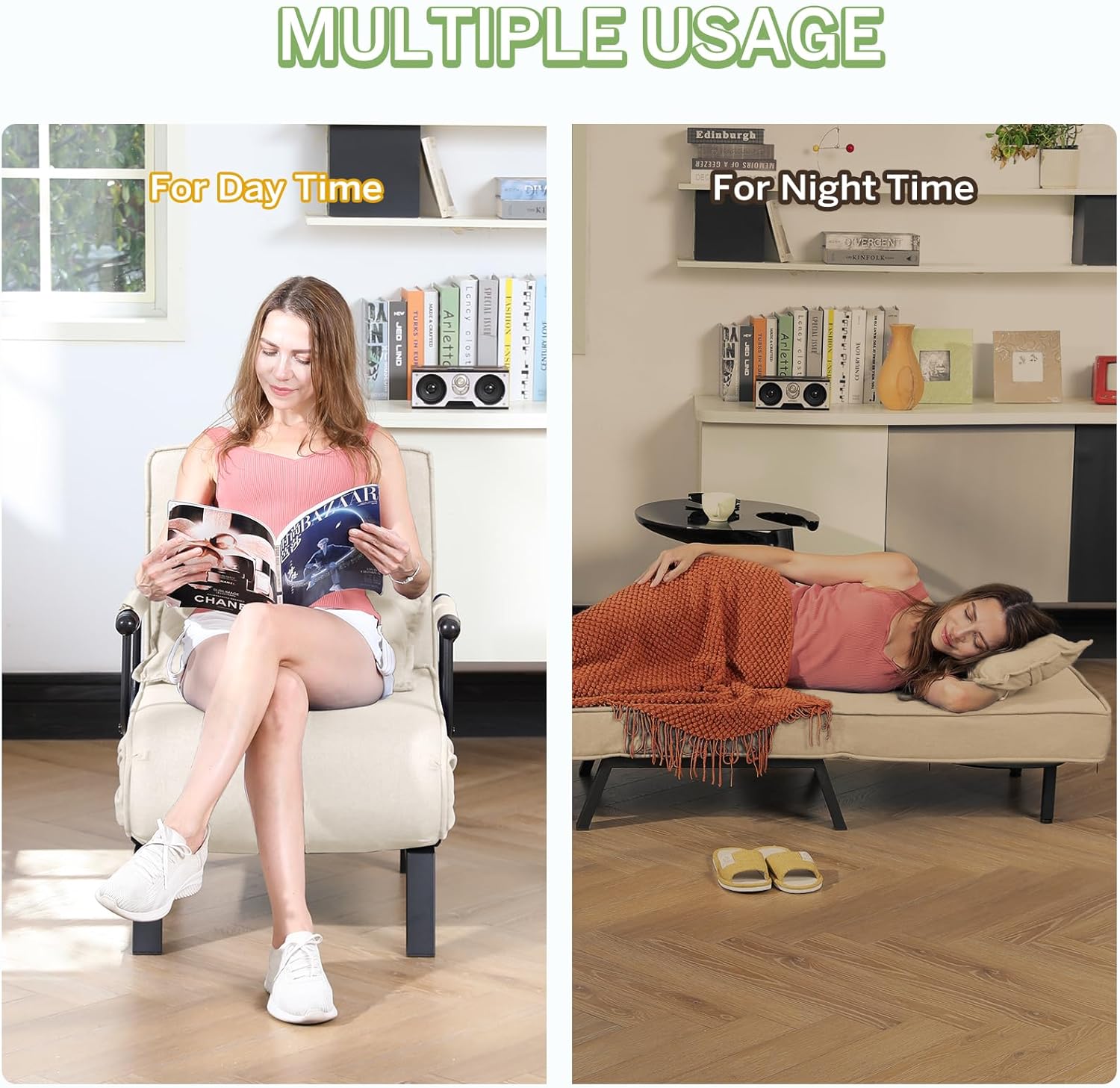 Convertible Bed Sleeper Chair Chaise Lounge 6 Adjustable Positions Folding Sofa Recliner