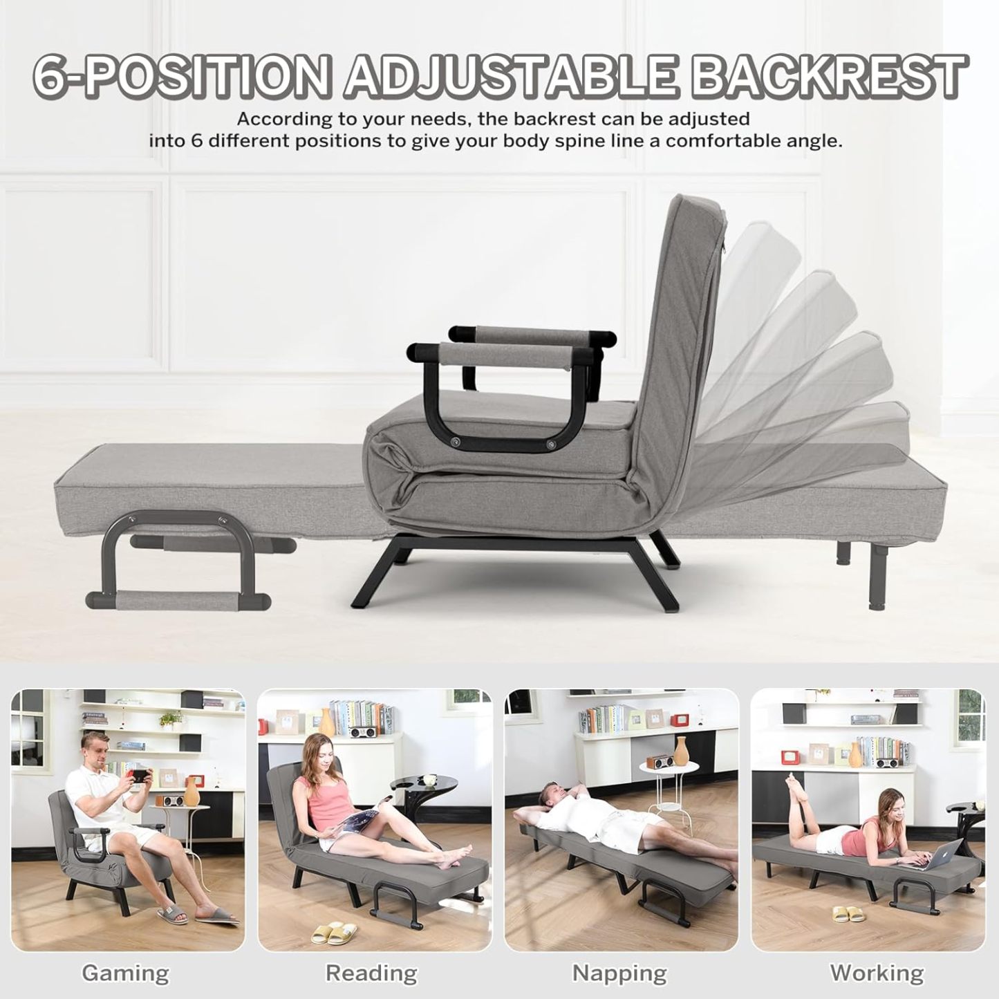 Convertible Bed Sleeper Chair Chaise Lounge 6 Adjustable Positions Folding Sofa Recliner