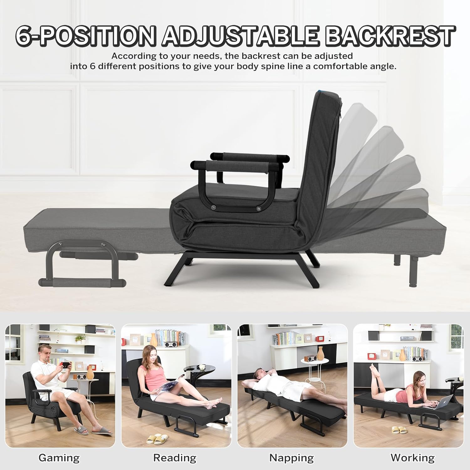 Convertible Bed Sleeper Chair Chaise Lounge 6 Adjustable Positions Folding Sofa Recliner