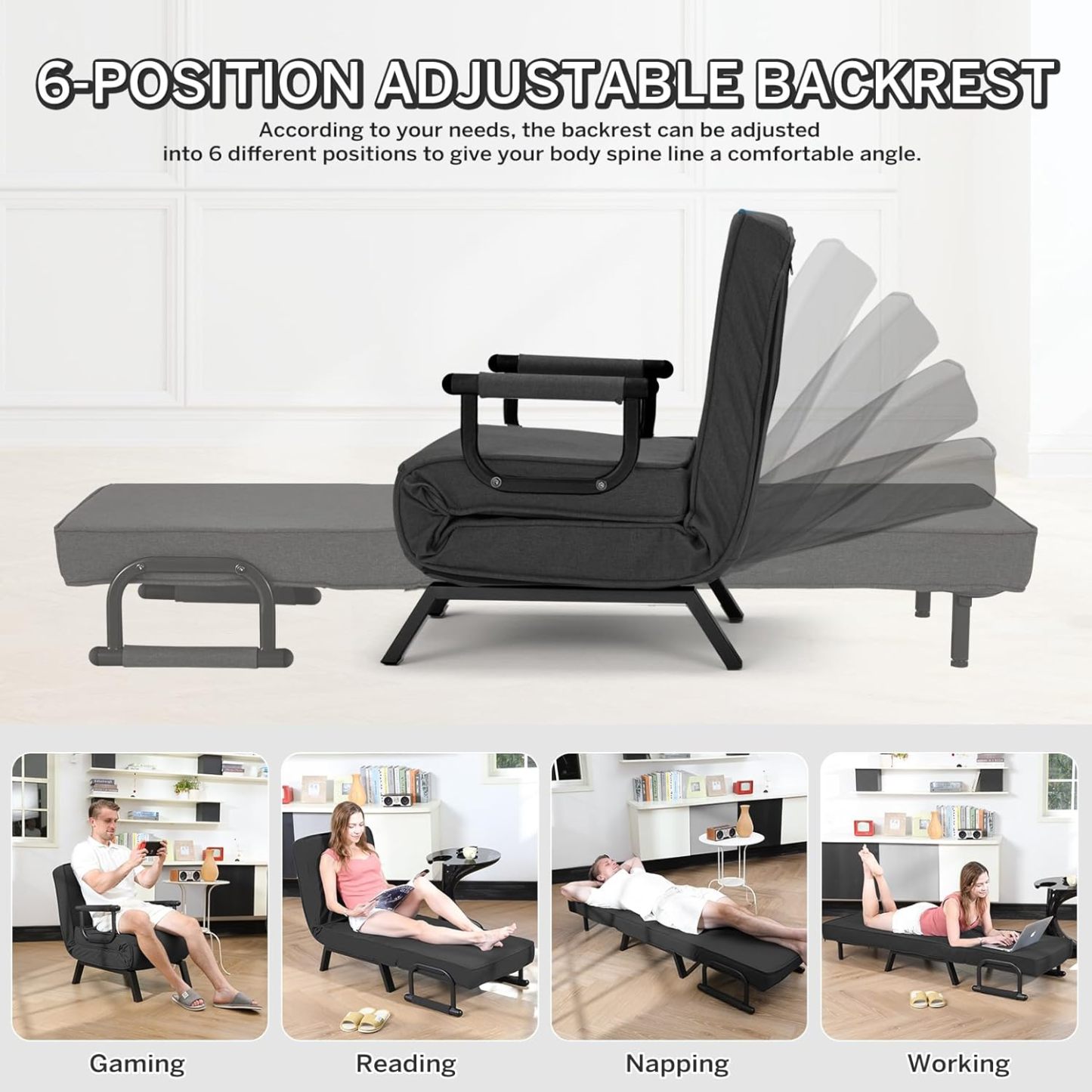 Convertible Bed Sleeper Chair Chaise Lounge 6 Adjustable Positions Folding Sofa Recliner