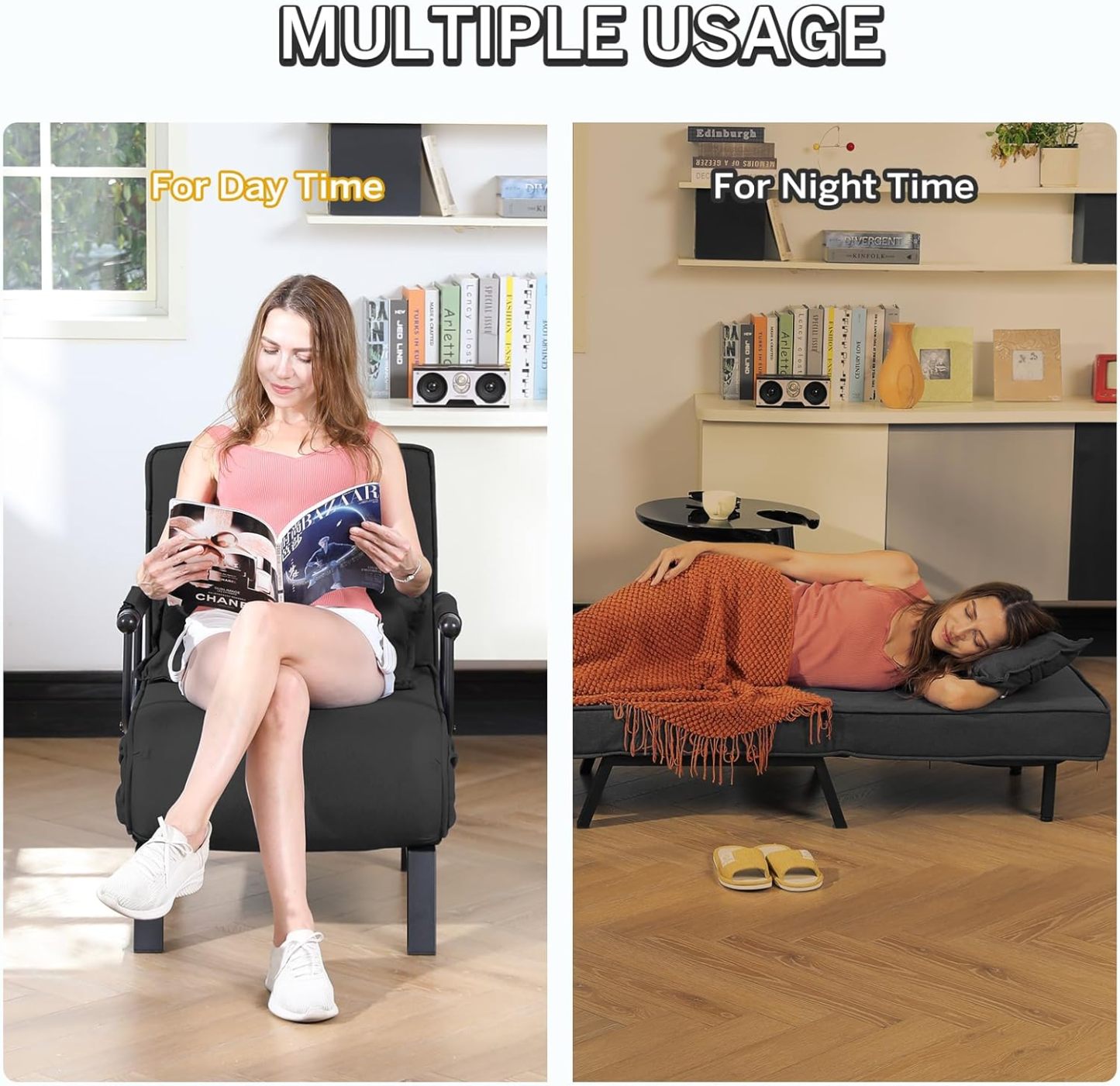 Convertible Bed Sleeper Chair Chaise Lounge 6 Adjustable Positions Folding Sofa Recliner