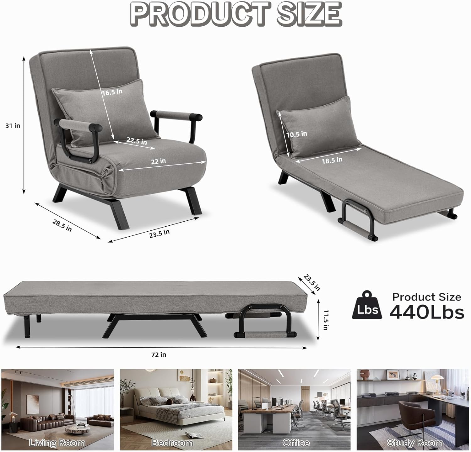 Convertible Bed Sleeper Chair Chaise Lounge 6 Adjustable Positions Folding Sofa Recliner
